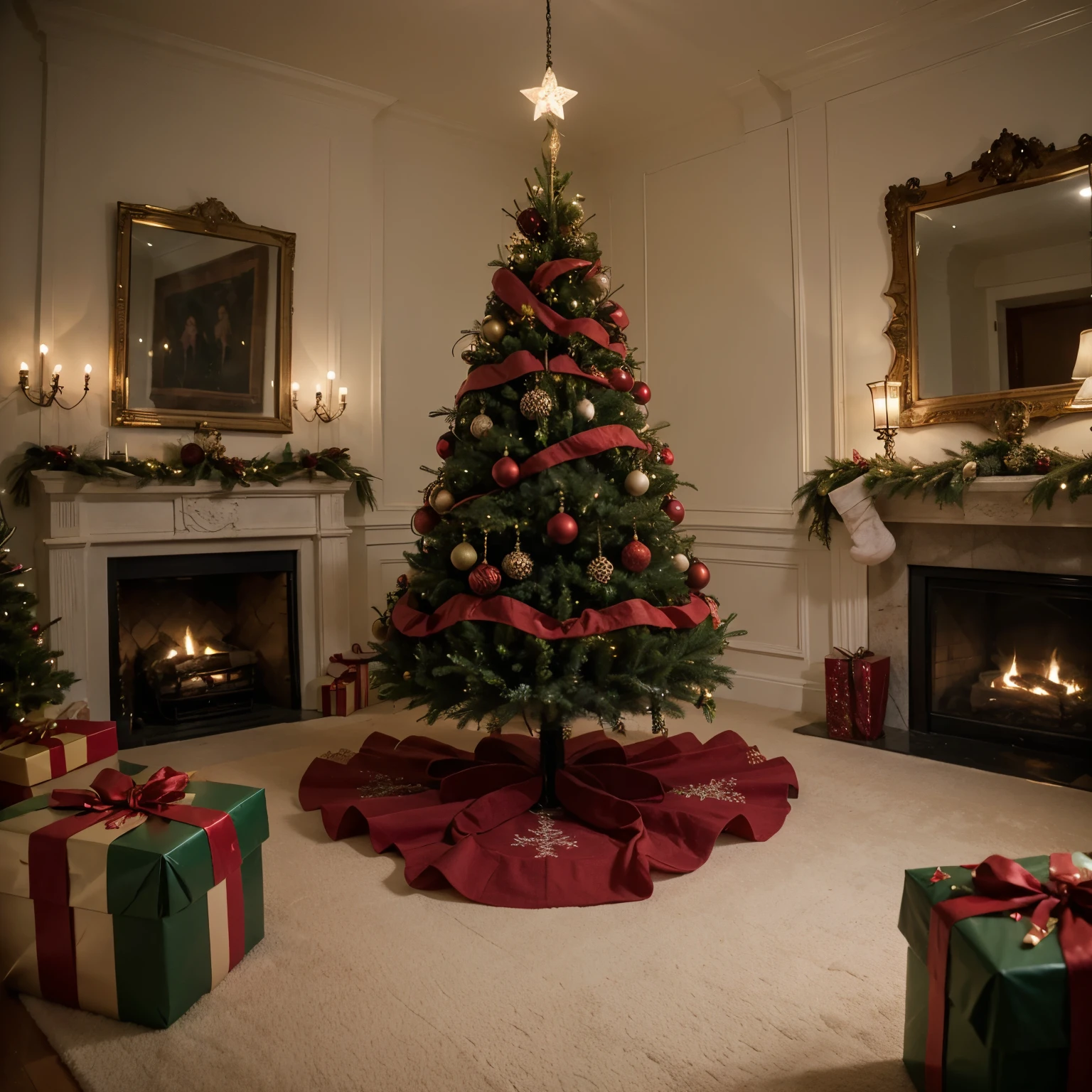 christmas，Christmas tree，red and green gift，Photographic works，a sense of atmosphere，Exquisite，super detailing，bright
