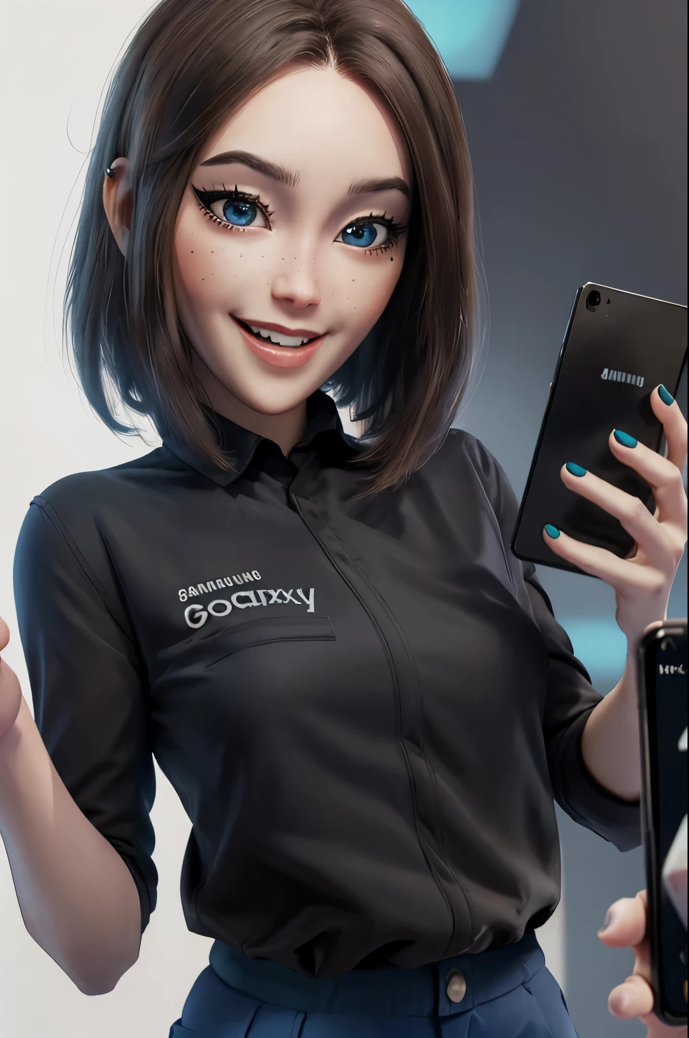 meme_samsung_sam_ownwaifu, .ownwaifu.com, blue eyes, brown hair, shirt, short hair, mole, black shirt, blue nails, pants, freckles, lips, phone, cellphone, denim, upper body, holding phone, smartphone, smile, official art,extremely detailed CG unity 8k wallpaper, perfect lighting,Colorful, Bright_Front_face_Lighting,shiny skin, (masterpiece:1.0),(best_quality:1.0), ultra high res,4K,ultra-detailed, photography, 8K, HDR, highres, (absurdres:1.2), Kodak portra 400, film grain, blurry background, (bokeh:1.2), lens flare, (vibrant_color:1.2),professional photograph, (beautiful_face:1.5),