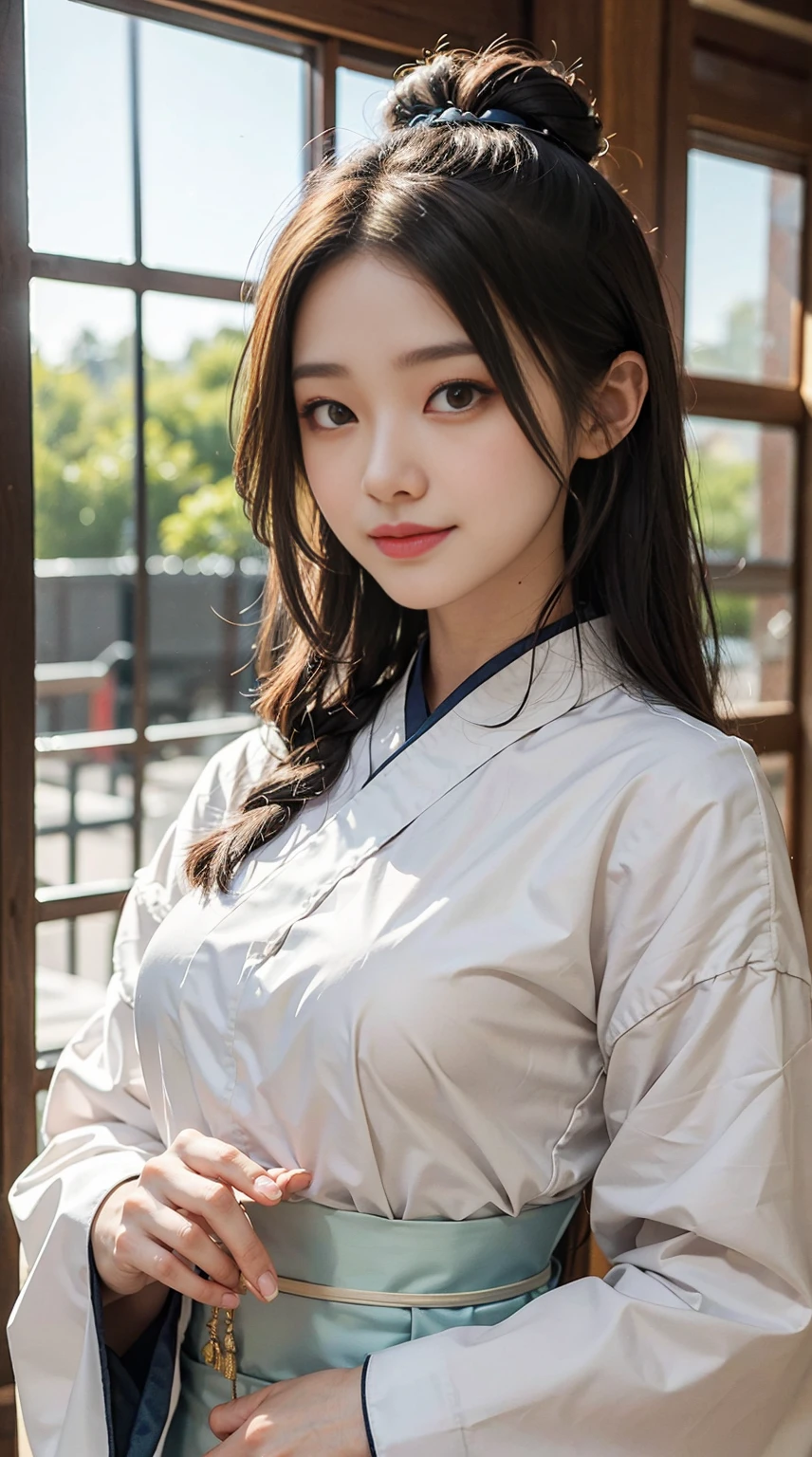 Smiling face,Gorgeous Hanfu,((best qualtiy,8k,tmasterpiece:1.3))),Clear focus:1.2,(layer cut,The large:1.2),Beautiful Women in Perfect Figure:1.4,,Highly Detailed Face and Skin Textur,Detailed eyes,二重まぶた,long whitr hair