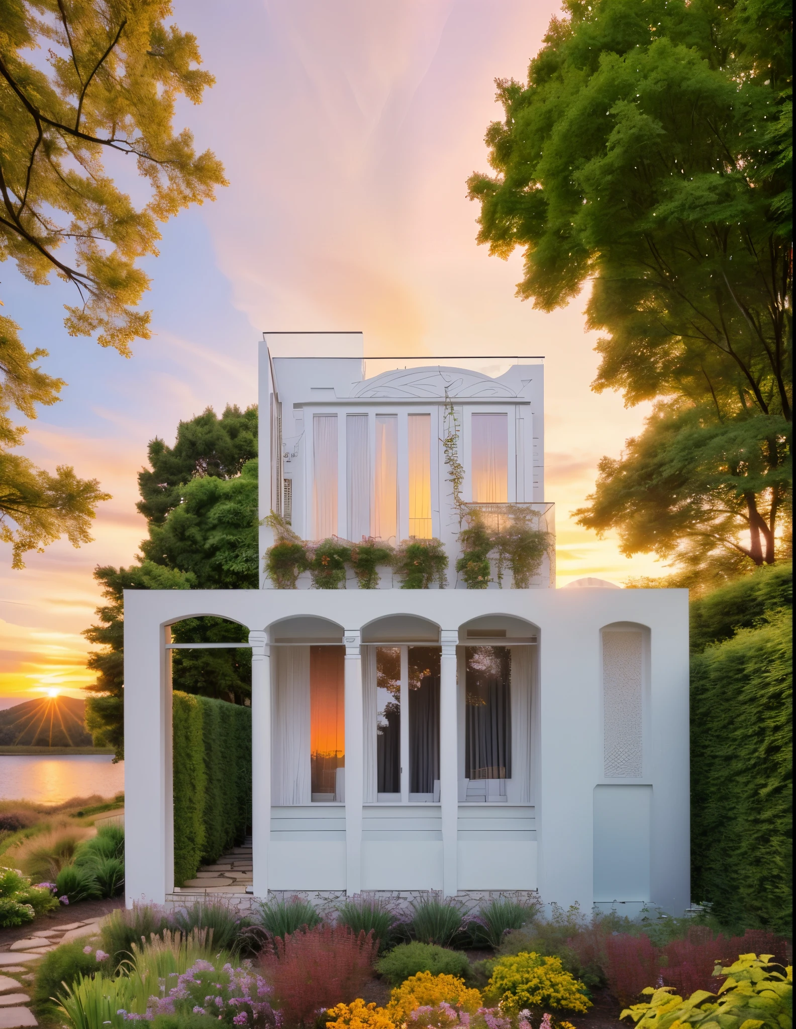 RAW photo,Masterpiece, high quality, best quality, authentic, super detail, exterior, one villa style Neoclassic, (Modern minimalist lines:1.2),(white wall:1.1), railing glass, glass windows,trees, grass, ((sunset)), sky, vivid colour, (high detailed :1.2), 8k uhd, dslr, soft lighting, high quality, film grain, Fujifilm XT3