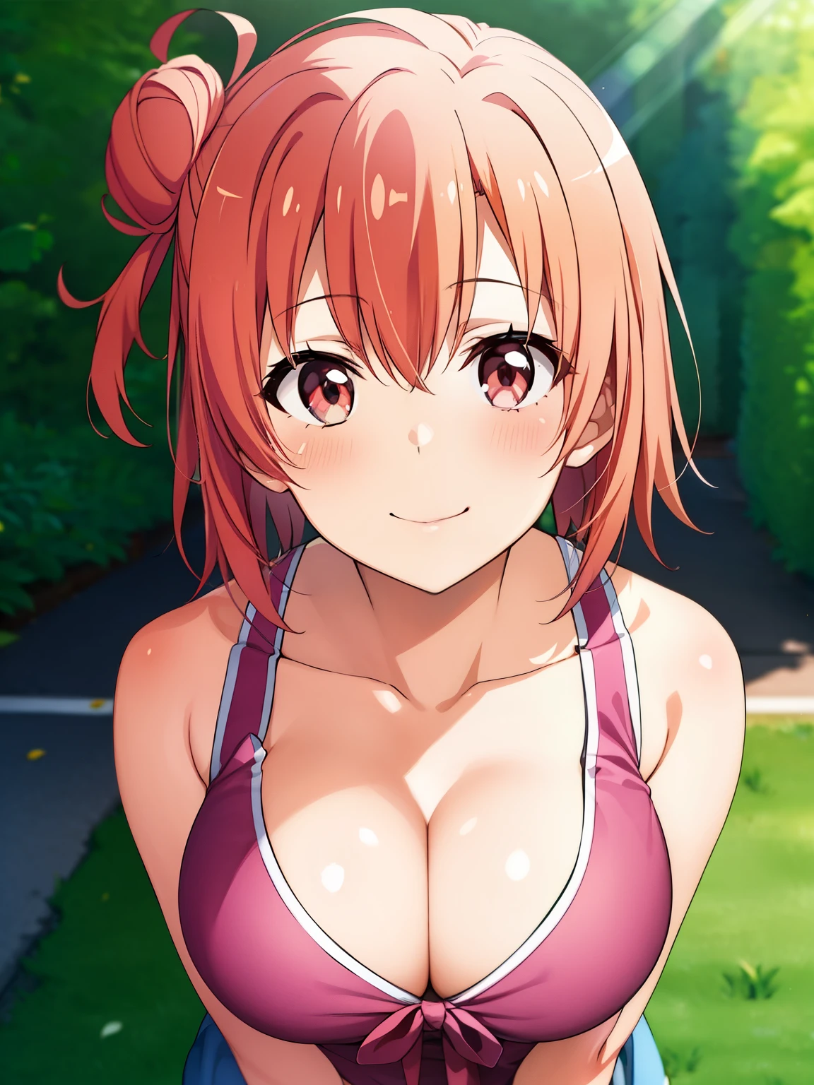 (masutepiece, Best Quality, hight resolution, nffsw, Perfect Pixel, depth of fields, 4K), 
1girl in,  Lori, Beautiful anime girl, 
Looking at Viewer, 
Perfect body,  

Yuigahama Yui, Short hair, Pink hair, Hair bun, large boob, 

Smile, blush,

brm, 
Elementary school grounds,
decolletage, 
From  above, POV, Upper Eyes,