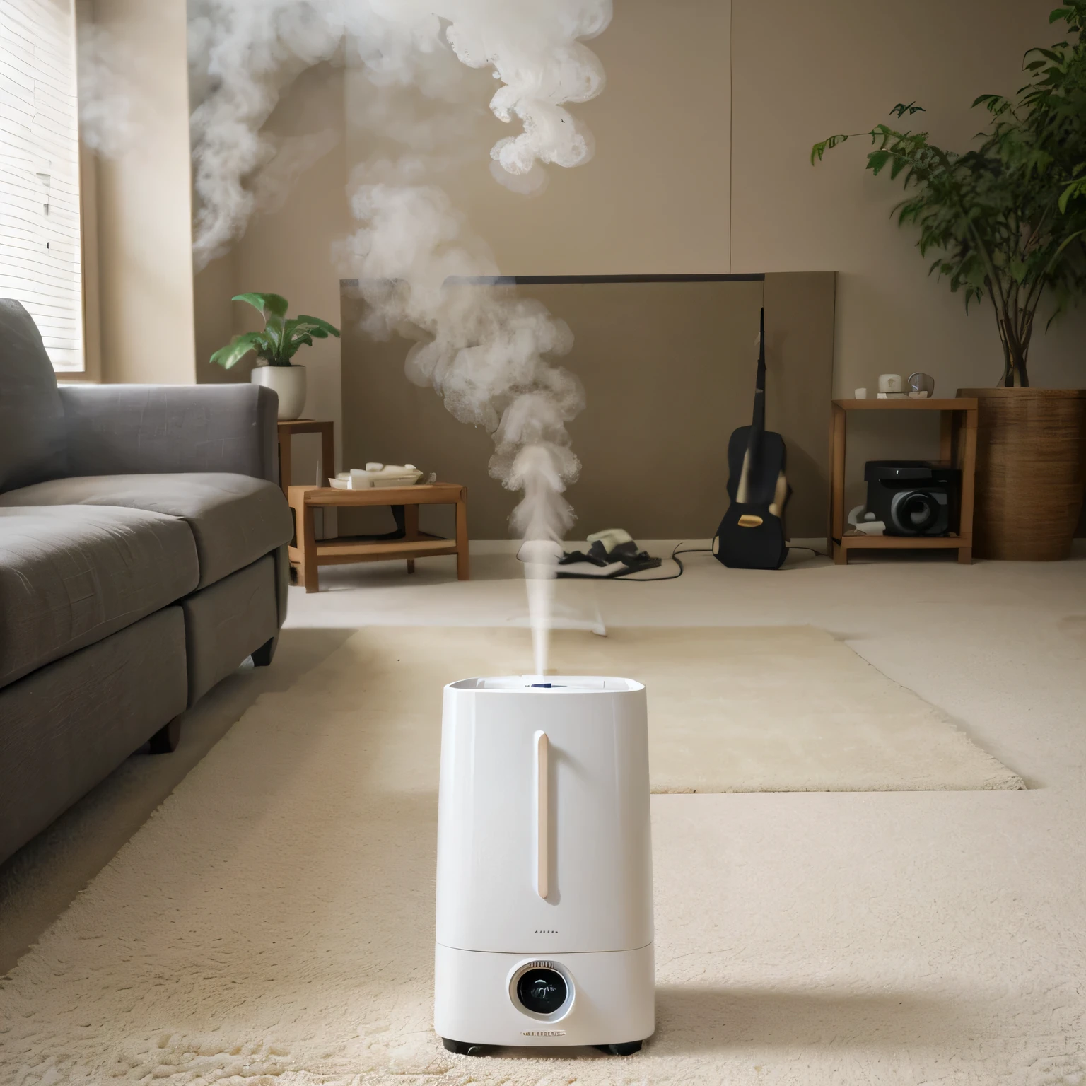 A humidifier，put it on the living room floor，There is carpet on site，sofe，greenery