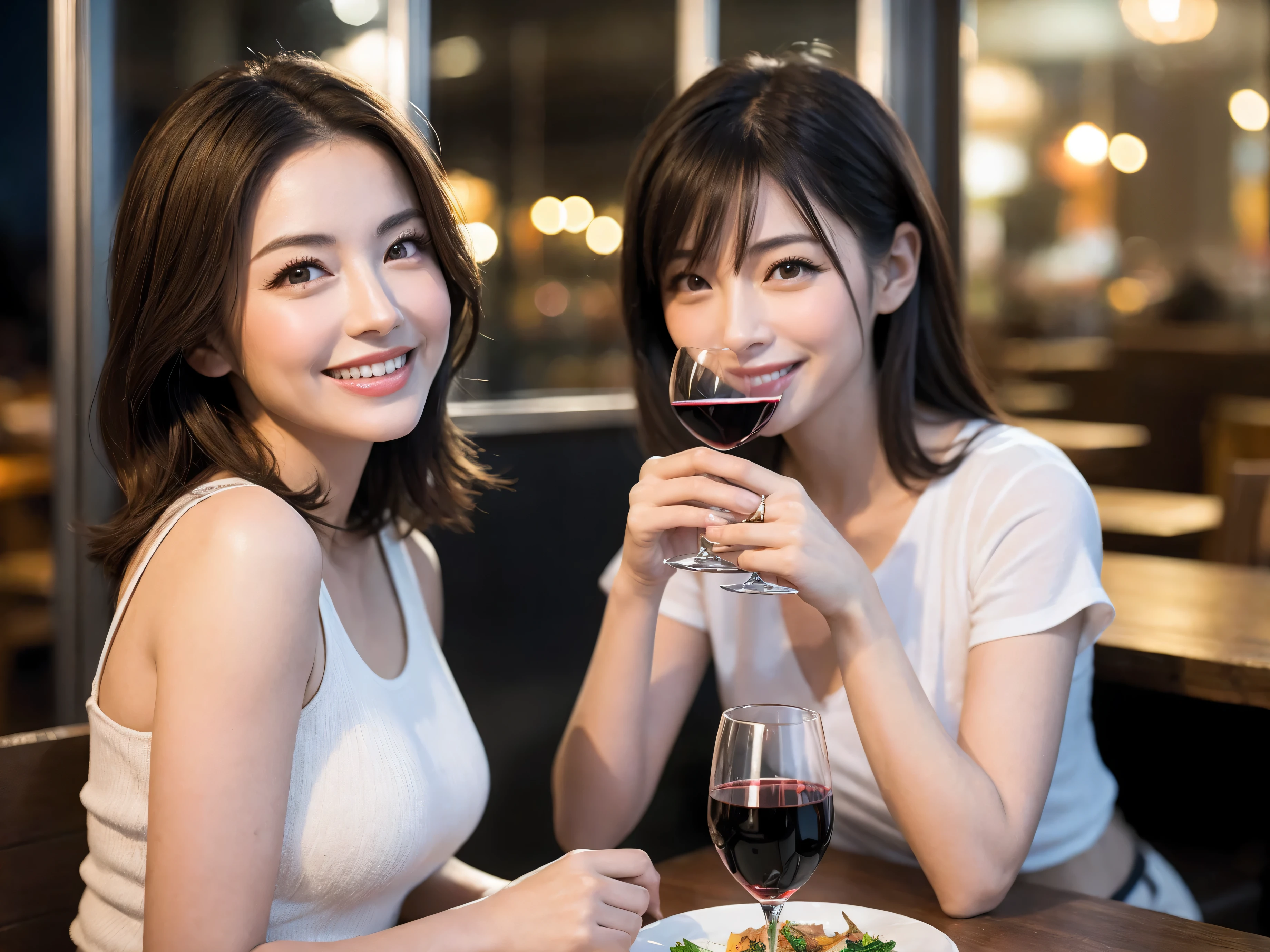 (64k uhd, nffsw, of the highest quality, masutepiece: 1.2), (Realistic, Photorealistic: 1.37), Pretty Woman 1, (Slim Face), (slimボティ), (Brown hair), (short-cut), cheeks blush a little, (40 years old), 38 years, Solo, A beautiful and detailed night view spreads out outside the window......., restaurant, wine glassesに座って, At night, In a prominent place (from waist up) NovaFrogStyle, actress, Model, waist-up, white wine, slim, wine glasses, Super clean night view, 真ん中に置かれたwine glasses, Happy smile, (Smile: 1.15), Beautiful fine eyes, Upper body, Bust Japan Up, Night, Short, Short, actress, Model, waist-up, white wine, slim, wine glasses, Super clean night view, 真ん中に置かれたwine glasses, Happy smile,