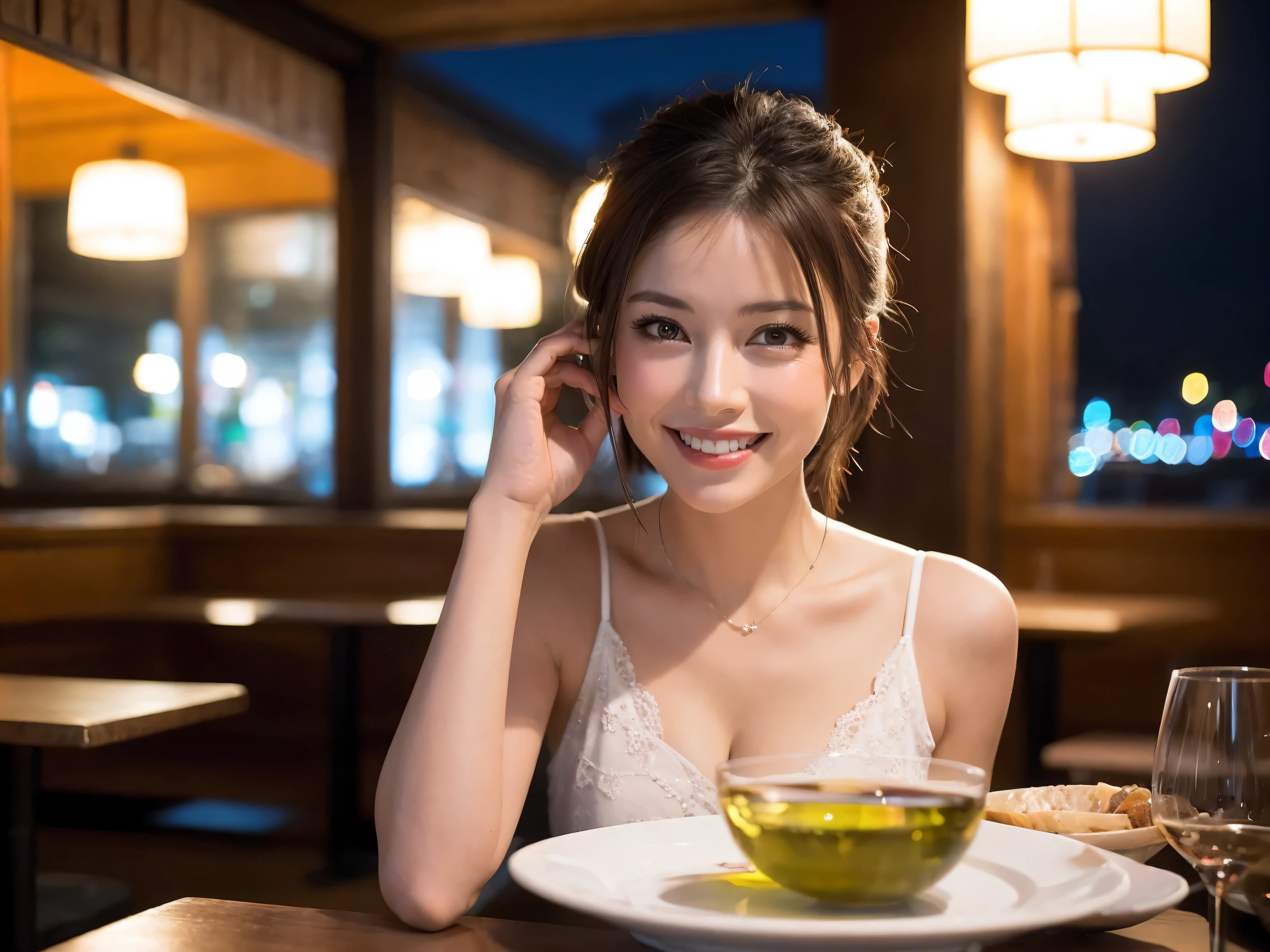 (64k uhd, nffsw, of the highest quality, masutepiece: 1.2), (Realistic, Photorealistic: 1.37), Pretty Woman 1, (Slim Face), (slimボティ), (Brown hair), (short-cut), cheeks blush a little, (40 years old), 38 years, Solo, A beautiful and detailed night view spreads out outside the window......., restaurant, wine glassesに座って, At night, In a prominent place (from waist up) NovaFrogStyle, actress, Model, waist-up, white wine, slim, wine glasses, Super clean night view, 真ん中に置かれたwine glasses, Happy smile, (Smile: 1.15), Beautiful fine eyes, Upper body, Bust Japan Up, Night, Short, Short, actress, Model, waist-up, white wine, slim, wine glasses, Super clean night view, 真ん中に置かれたwine glasses, Happy smile,