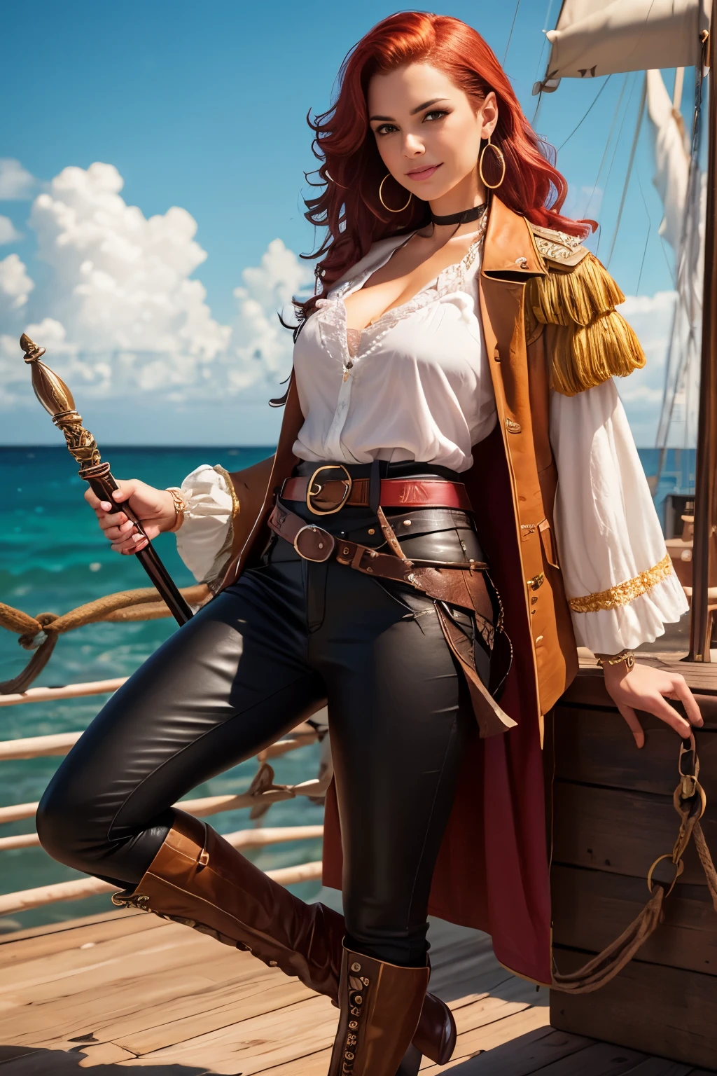 Female 17th century pirate, pirate captain, mid 30s woman, mary elizabeth mastriano, smirking, wavy shoulder length vivid red hair, red bandanna, large gold hoop earrings, puffy long sleeved white shirt, brown leather vest, belt, large square belt buckle, long brown pantaloons, worn leather boots, period dress, dirty clothes, holding a cutlass, dramatic pose, on deck aboard a pirate ship, caribbean island, painterly illustration, best quality, 8k, masterpiece, bright vivid colours, colourful