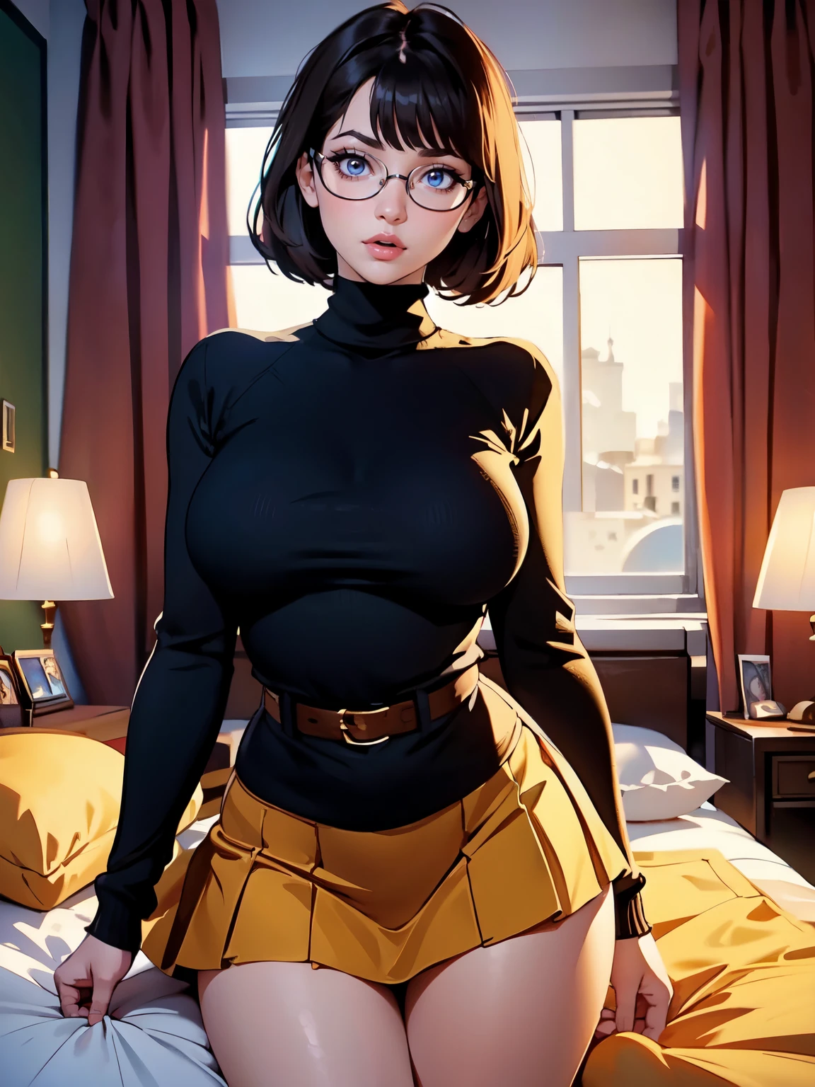 ((masterpiece)), ((Highest quality)), ((Complex)), ((Surreal)), (Realistic), (Mature Woman), ((No classes)), Very detailed, (1 female), Big Breasts, Beautiful and exquisite, (Beautiful Teeth), Grin, Brunette bob hair, Brown eyes, (Blue long turtleneck), (Brown tight mini skirt), ((Thighs)), (stockings), (background: underground), detailed background, Perfect Eyes, Captivating eyes, Looking at the audience, from before