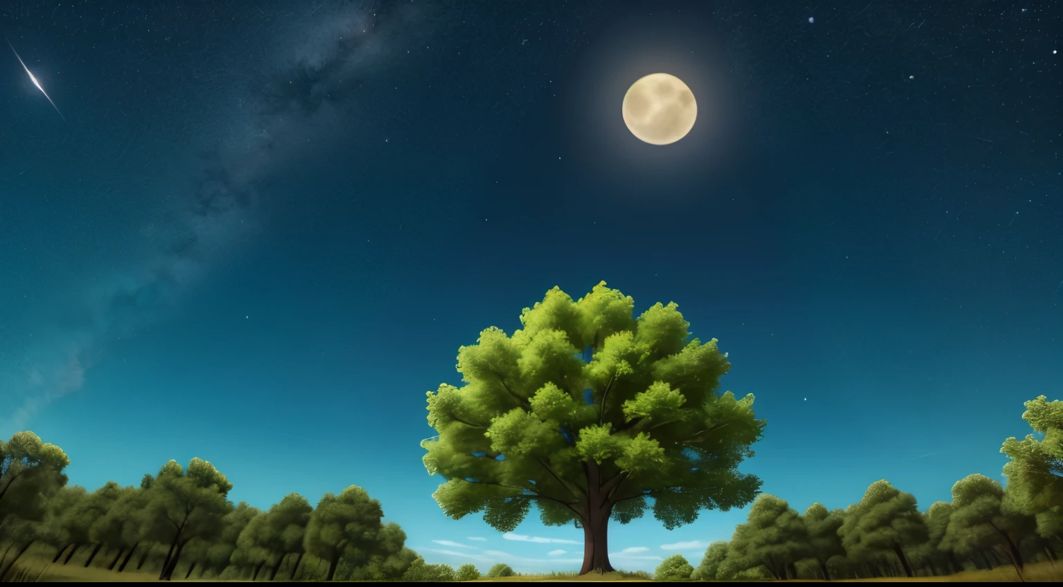 "In the middle of the forest, there is a pear tree, a very tall pear tree. The pear tree is seen from below, upwards. It's nighttime, the sky is full of stars, and there is a half-moon."