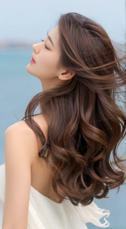 Korean Beauty(best qualtiy,hight resolution,tmasterpiece:1.3)loose wavy dark brown hair,Rear view,(White background),Beautiful hair、Hair fluttering in the wind、a tall and beautiful woman