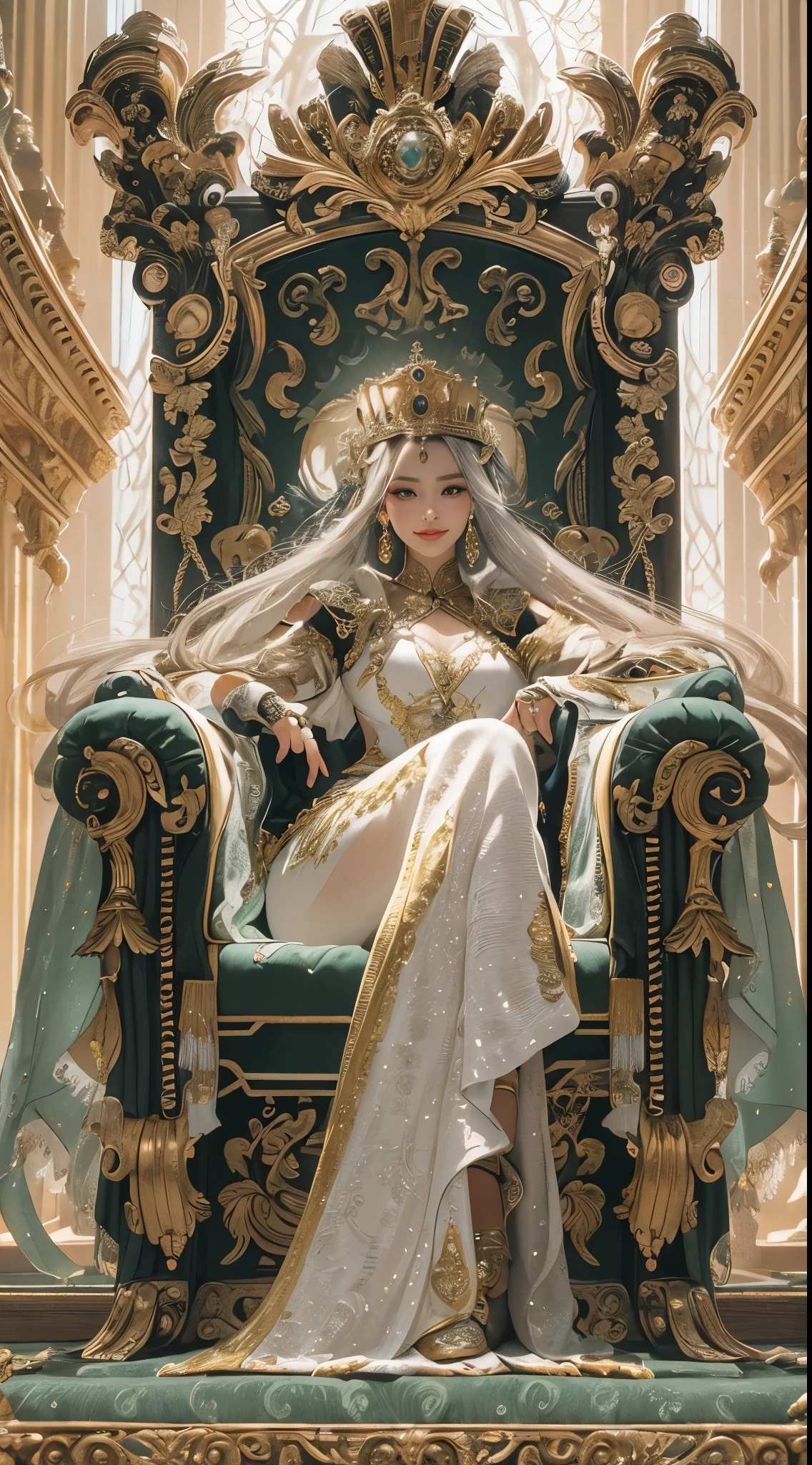 A Western-style queen, exuding wealth and power, is elegantly seated on a luxurious, ornate chair on a high dais. She crosses her legs and looks down at her subjects with a cunning smile, embodying a blend of grace and slyness. The setting is a grand, Western-style throne room, showcasing the opulence of her kingdom.