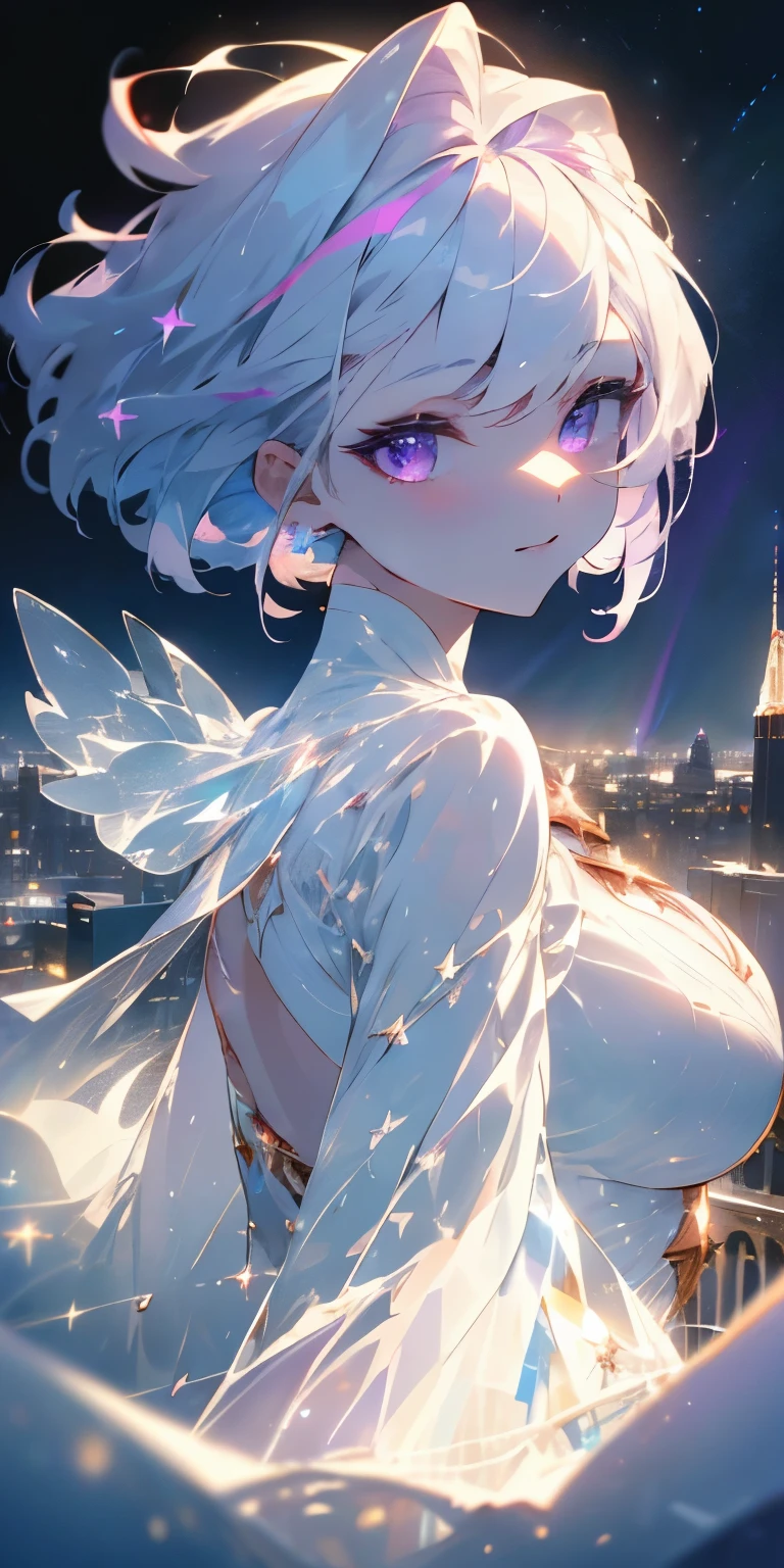 ((masterpiece,hight resolution,8K picture quality,top-quality)),1girl in,((extra detailed face)),femele,Delicate eyes,((Purple eyes)),((hairstyle on:Very short,White hair)),lensflare,Dramatic makeup,look back and smile,Natural complexion,large full breasts,Diffuse reflection of light(colourfull:1.5),aurora night sky,Star-filled sky,City of Snow,Night illumination,City of buildings at night seen from a high place,full bodyesbian,