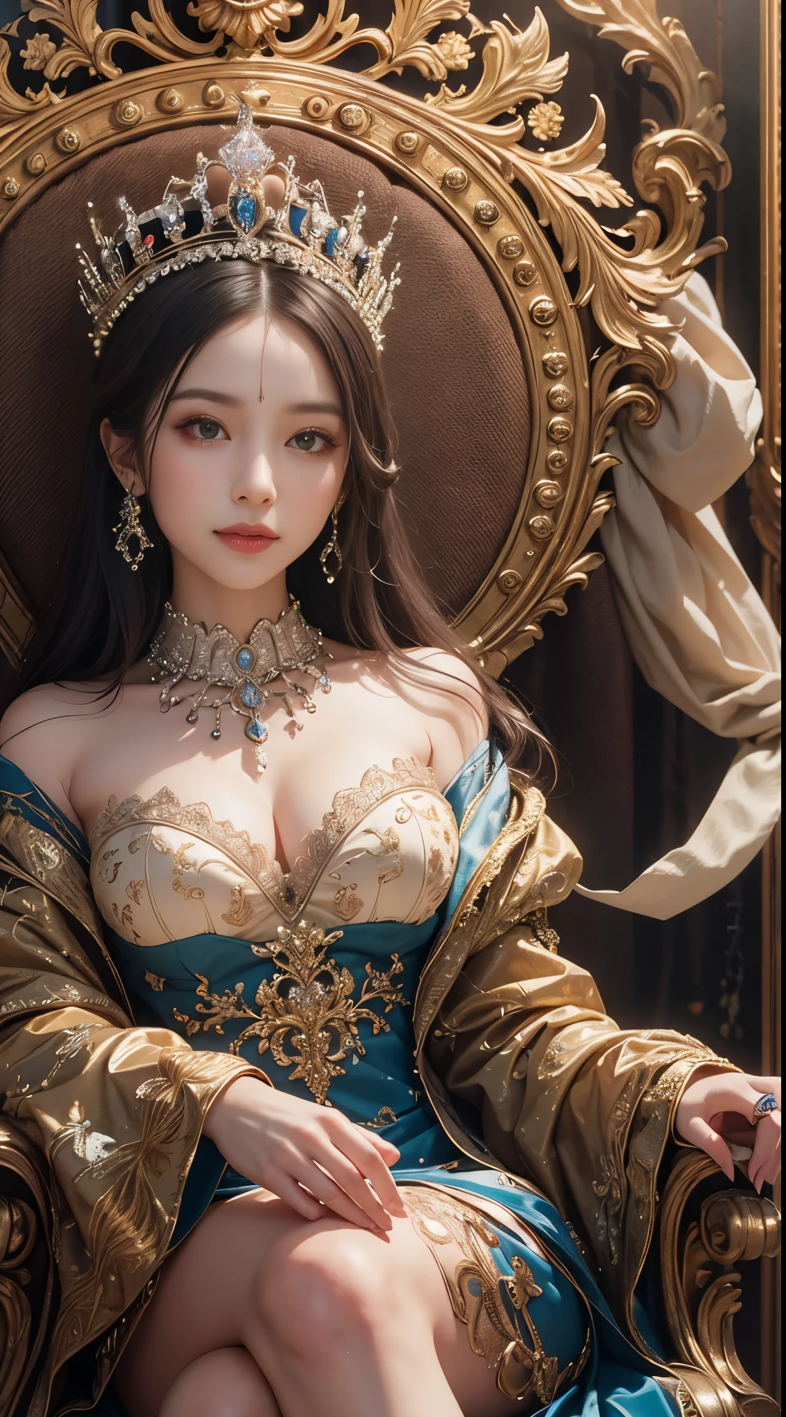 A Western-style queen, exuding wealth and power, is elegantly seated on a luxurious, ornate chair on a high dais. She crosses her legs and looks down at her subjects with a cunning smile, embodying a blend of grace and slyness. The setting is a grand, Western-style throne room, showcasing the opulence of her kingdom.