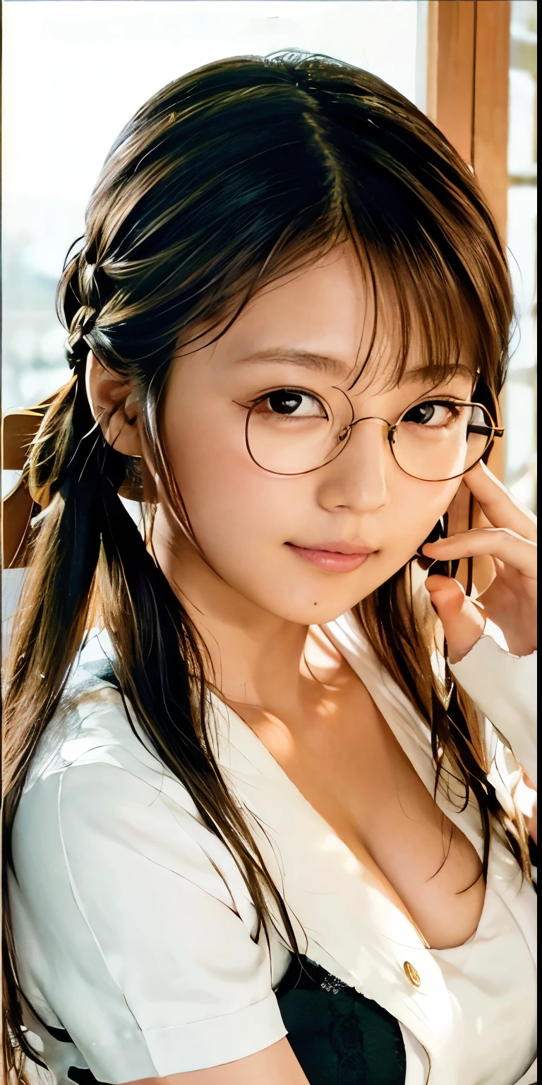 Top image quality、136), (breasted:1.46), (l boobs ipst boobs ,Round glasses、Braided pigtails、Funny woman with round glass pigtails、Round-faced beauty、Crisp eyes、Lashes long、(wears glasses,Round glasses、Round glasses、Braided pigtails、w boobs ideas,Atol Oppa Library), (beautiful boobs of flowers、