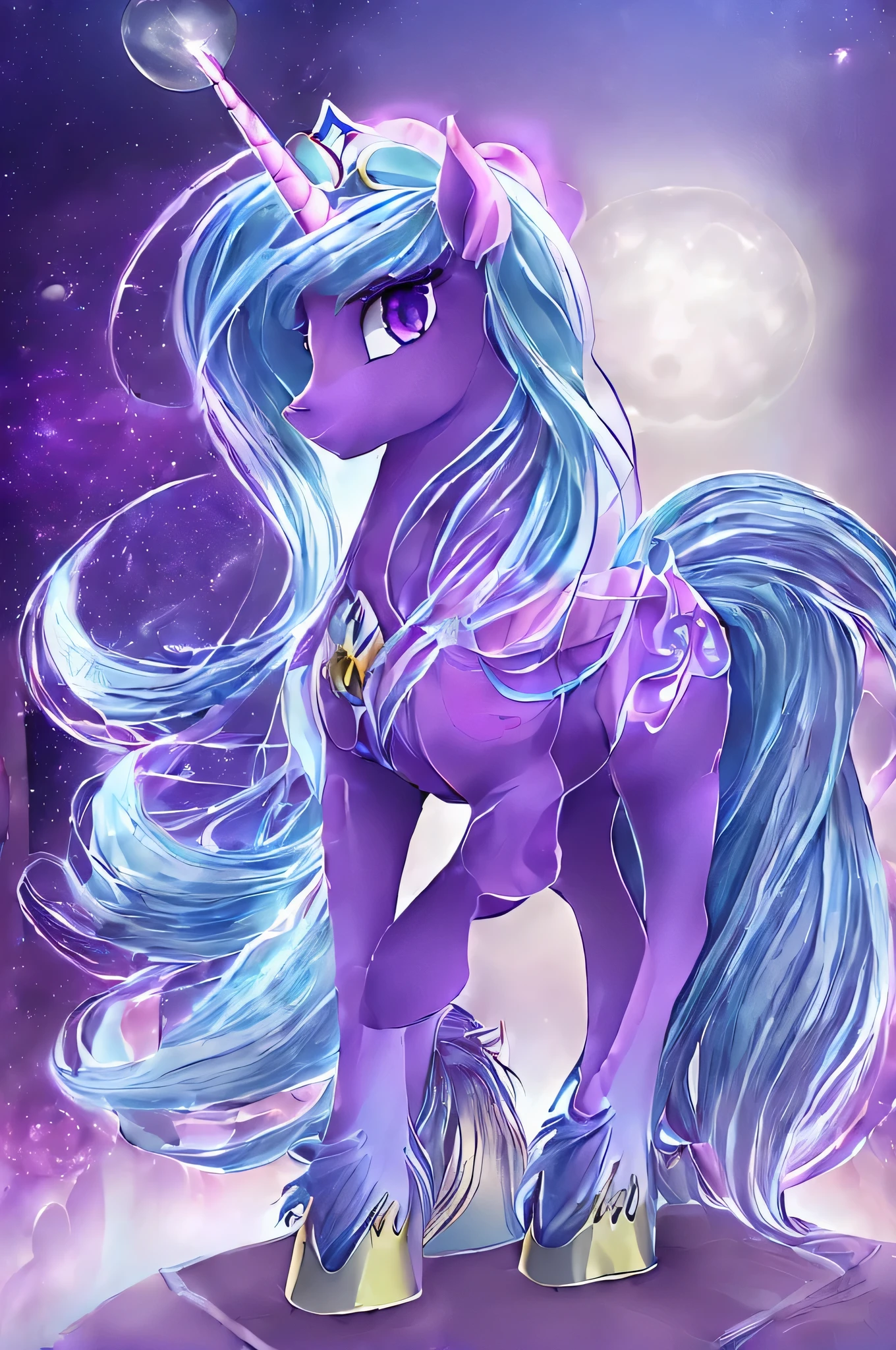 (shimmering ethereal mane:2), (shimmering ethereal tail:2), (light purple body:2), (purple eyes:2), (bright violet to deep blue mane:2), (lunar tiara:2), (full moon cutie mark:2), (full side view:2), (visible cutie mark:2), (alicorn:2), (light blue hoof guards:2)