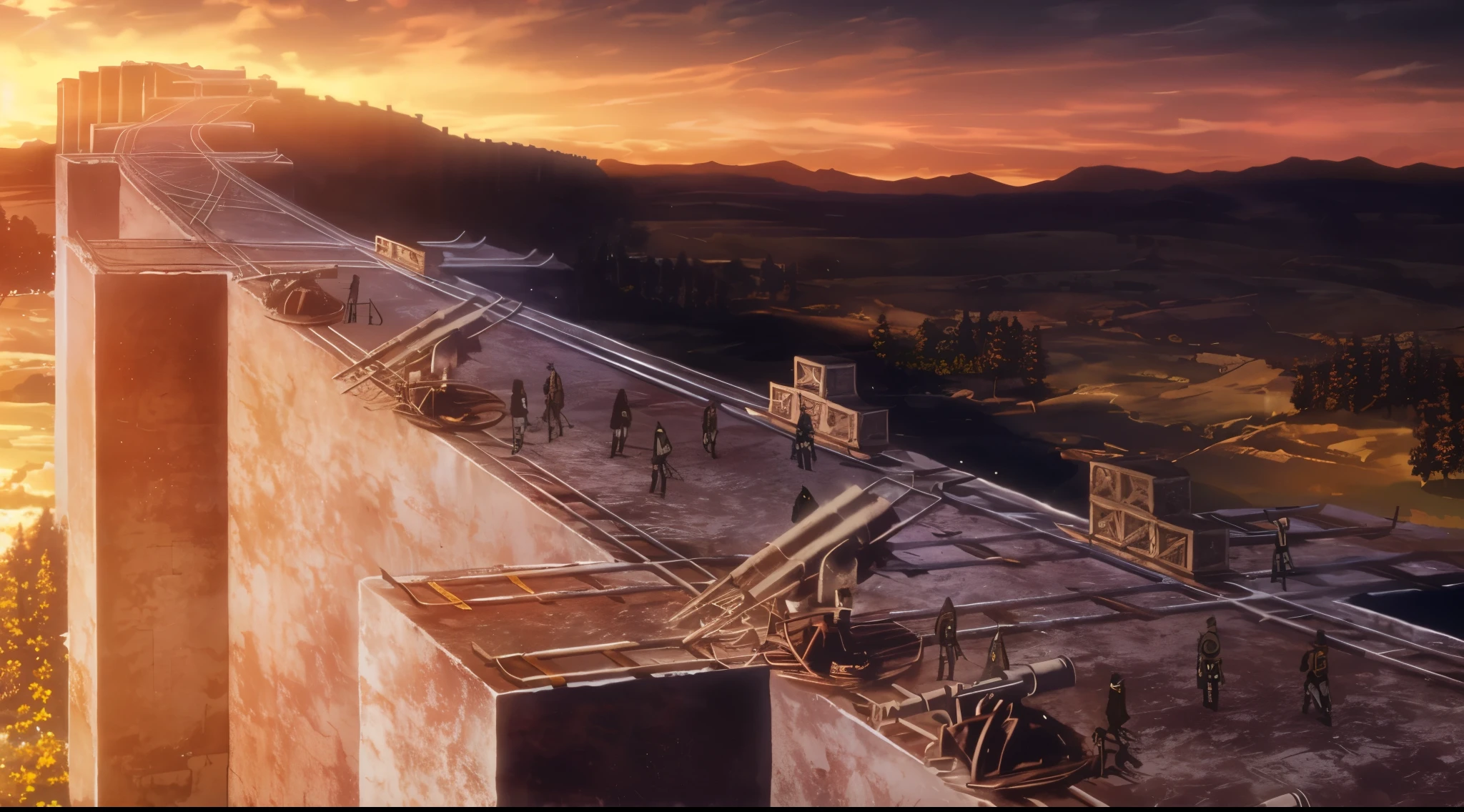 attack on titan scenery, sunset over high walls, ruins in the background, a little bit of trees, small village destroyed, attack on titan anime, AOT theme, walls.