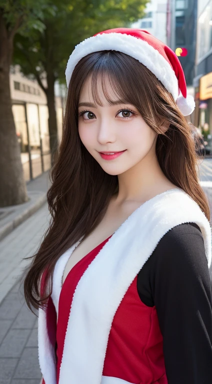 Santa Cosplay、masutepiece, Best Quality, Illustration, Ultra-detailed, finely detail, hight resolution, 8K Wallpaper, Perfect dynamic composition, Beautiful detailed eyes, doress,Medium Hair, Natural Color Lip, Random and sexy poses,Smile,Aoyama Street Walk、A 24-year-old girl