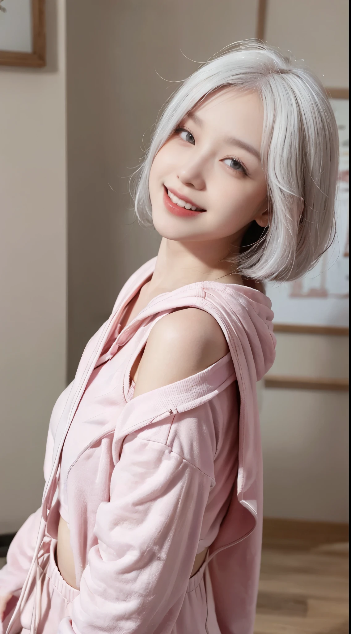 Top image quality、Raw photography、超A high resolution、21-year-old Korean、small tits、Dynamic angles、Cowboy Shots、The most beautiful forms chaos、elegent、Brutalist design、vivd colour、Beautiful white hair、a short bob、Laugh、happily laughing、smil、shiny white skin、Beautiful eyes with random colors、Very beautiful eyes down to the details、elongated eyes、thin lipss、pale pink blush、long eyeslashes、beautiful double eyelid、eyeshadows、a park、Overall。shot from a side angle、Big Black Hoodie、