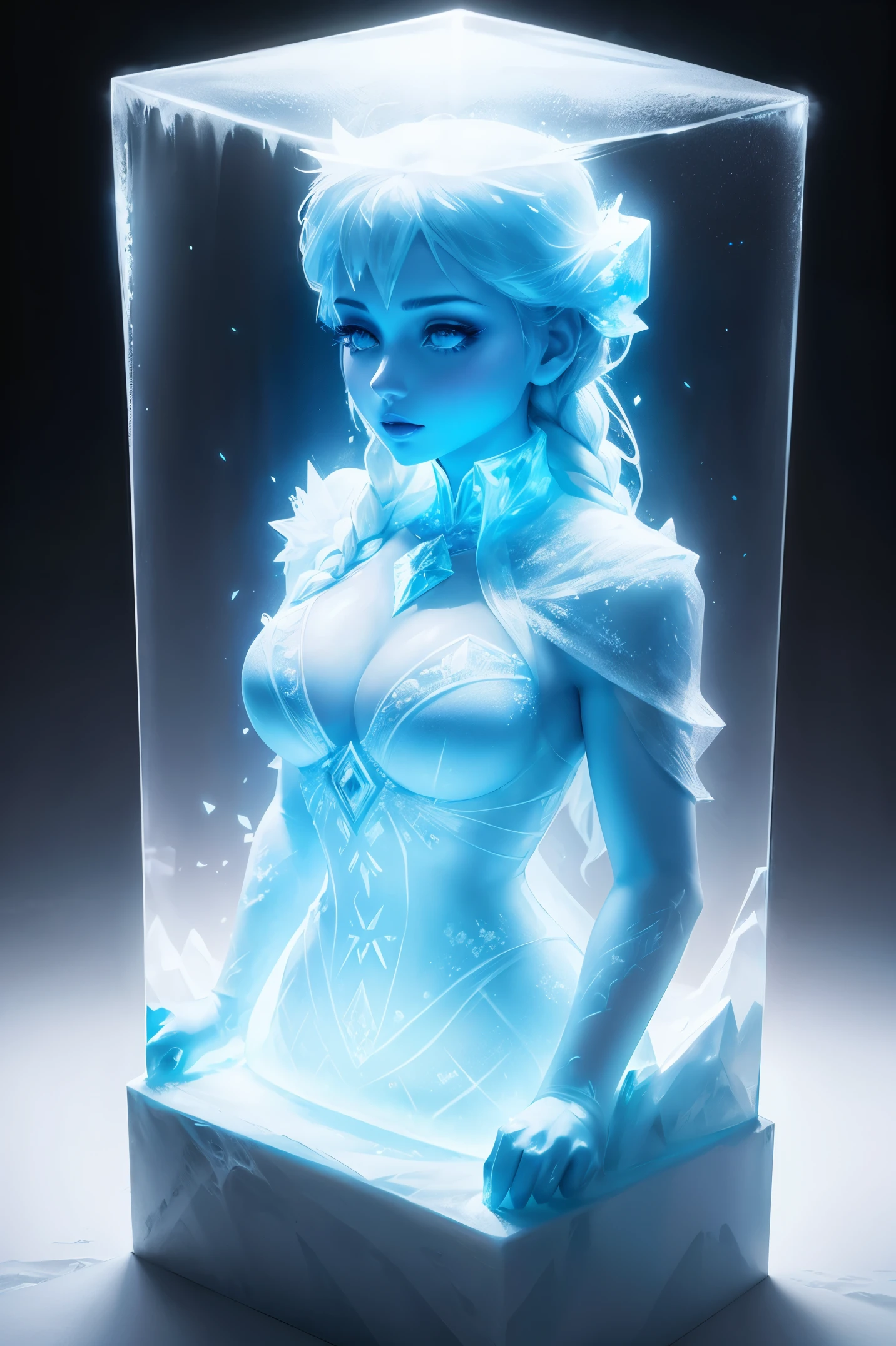 ((An ice sculpture)) in the shape of a frozen gorgeous woman in ice