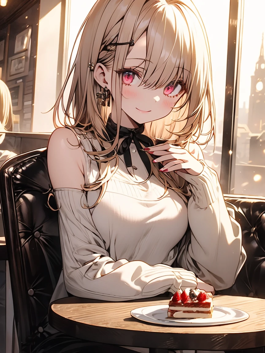 masterpiece, absurdres, best quality, ultra detailed, high Resolution, detailed illustration, extremely beautiful detailed face and eyes, bright colour, 1girl, (loli), cute face, Delicate beautiful face, magenta eyes, cute eyes, sparkling eyes, big eyes, medium breasts, (perky breasts:1.1), (pointy breasts:1.1), medium hips, glamorous body, white skin, smile, BREAK, long bob cut, (blonde hair:0.8), messy hair, detailed hair, shiny hair, BREAK off shoulder sweater, long skirt, tiny ribbon, restaurant, eating shortcake, real world, natural lights, perfect lighting,