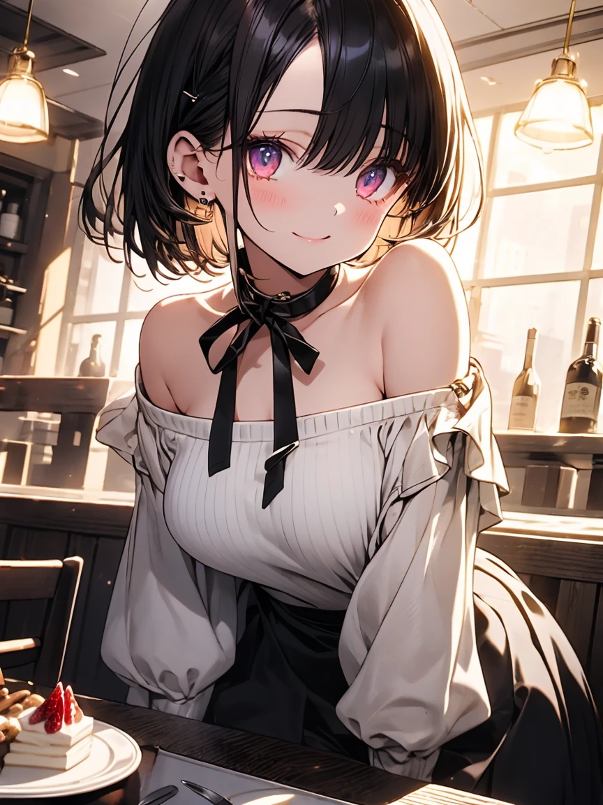 masterpiece, absurdres, best quality, ultra detailed, high Resolution, detailed illustration, extremely beautiful detailed face and eyes, bright colour, 1girl, (loli), cute face, Delicate beautiful face, magenta eyes, cute eyes, sparkling eyes, big eyes, medium breasts, (perky breasts:1.1), (pointy breasts:1.1), medium hips, glamorous body, white skin, smile, BREAK, long bob cut, (blonde hair:0.8), messy hair, detailed hair, shiny hair, BREAK off shoulder sweater, long skirt, tiny ribbon, restaurant, eating shortcake, real world, natural lights, perfect lighting,