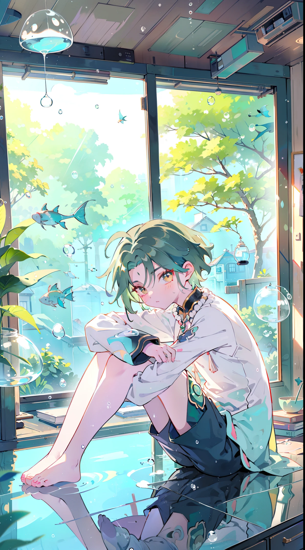 （（（（（（inside jar））））））、A boy with, ((full bodyesbian)), Wendi (genshin impact),brunette color hair, Green eyes, ((((Packed in jars))))、adolable、最small, small, A piece of,(((Packed in jars))), (Eau, Eau泡)