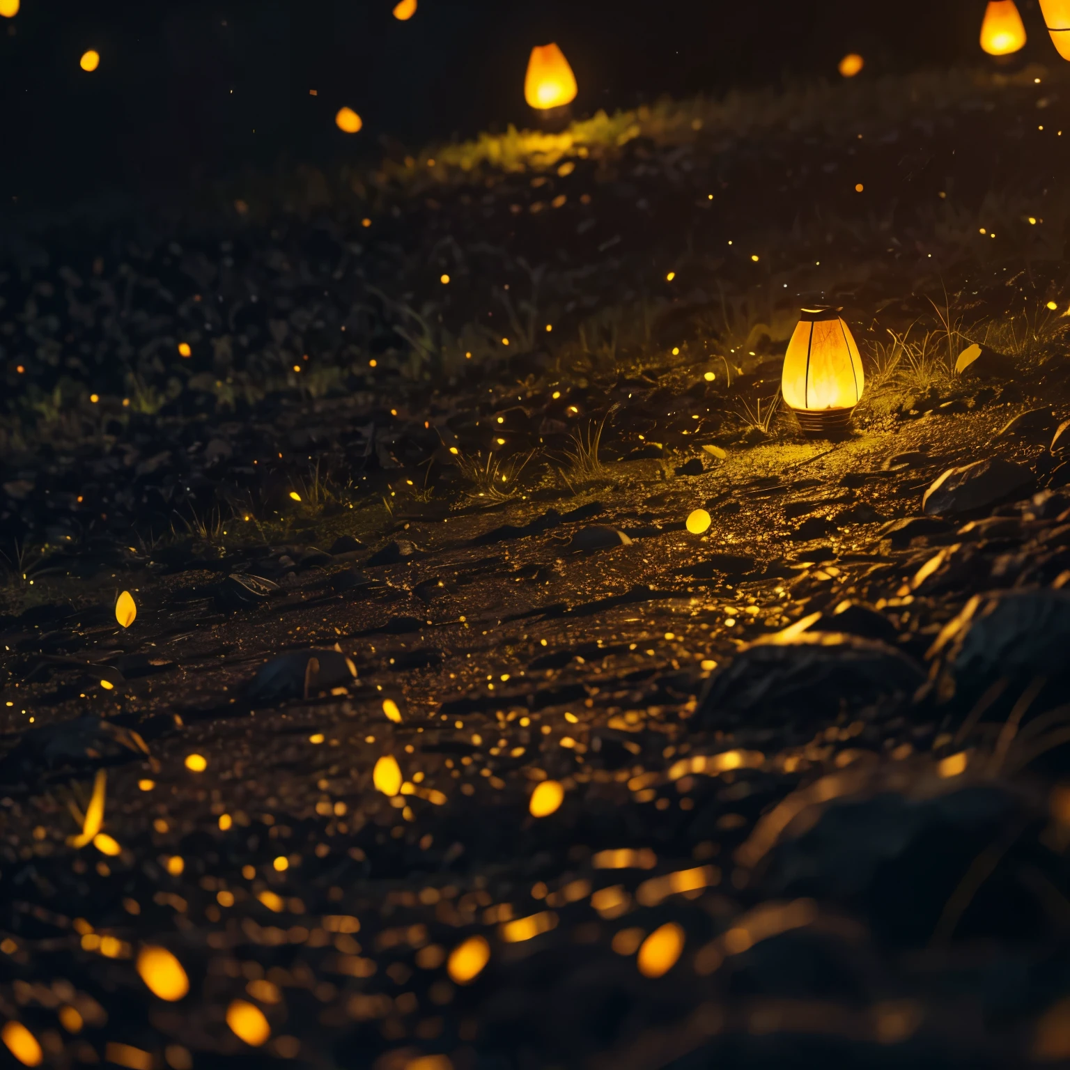 Close-up photo of glowing fireflies