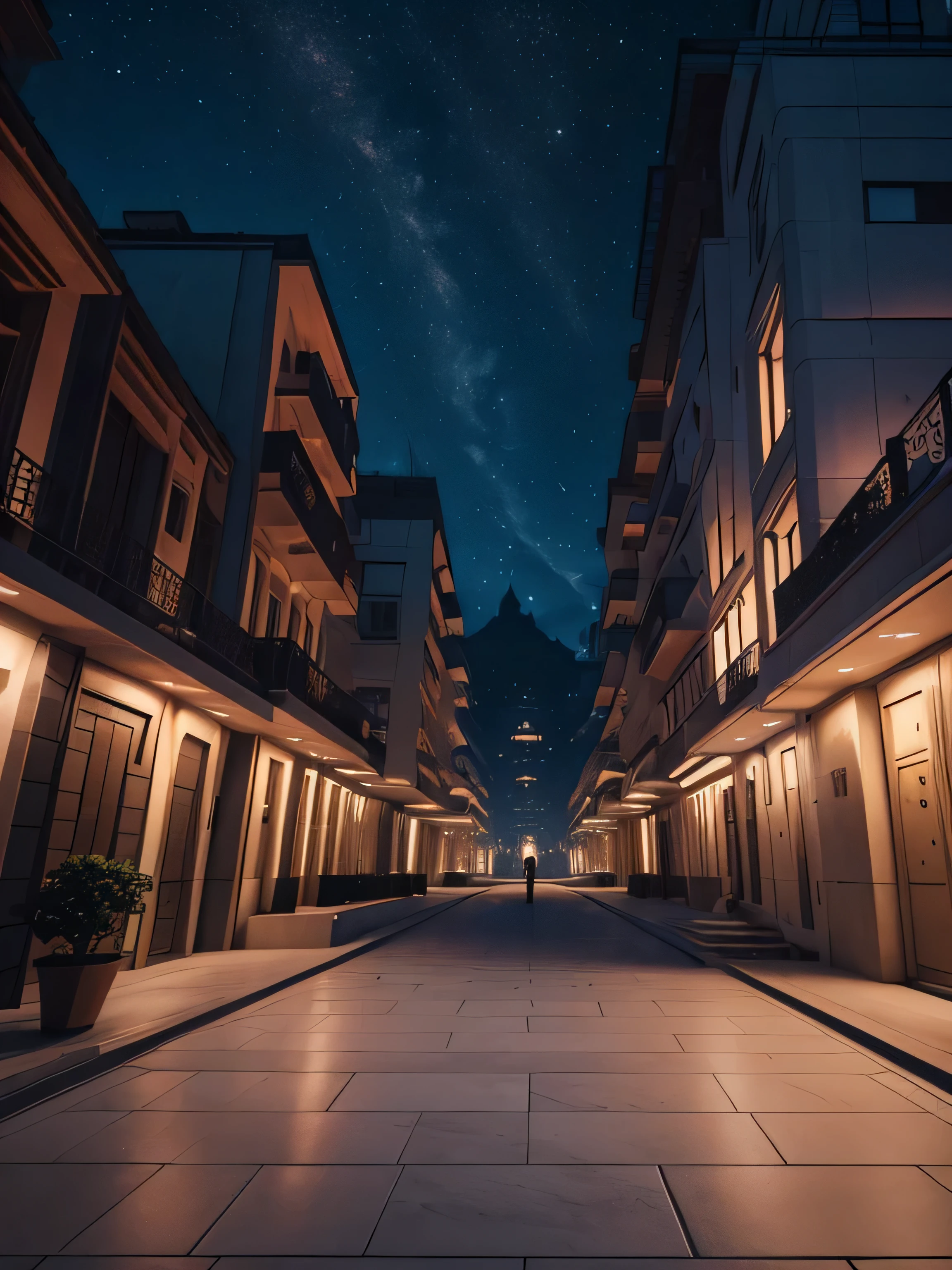 "(exquisitely detailed CG unity 8k wallpaper, masterpiece-quality with stunning realism), (best illumination, best shadow), (best quality), (elegant and demonic style:1.2), Arti modern anime.Elegant futuristic building, the area in front of the building is in square white marble tiles, night-time ambient lighting"