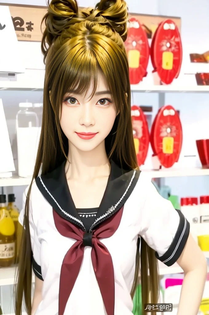 Korea girl in a store with a lasso hair style, yellow hair, dark red eyes, pointed nose, perfect jaw with a smile, realistic ultra details, high quality face