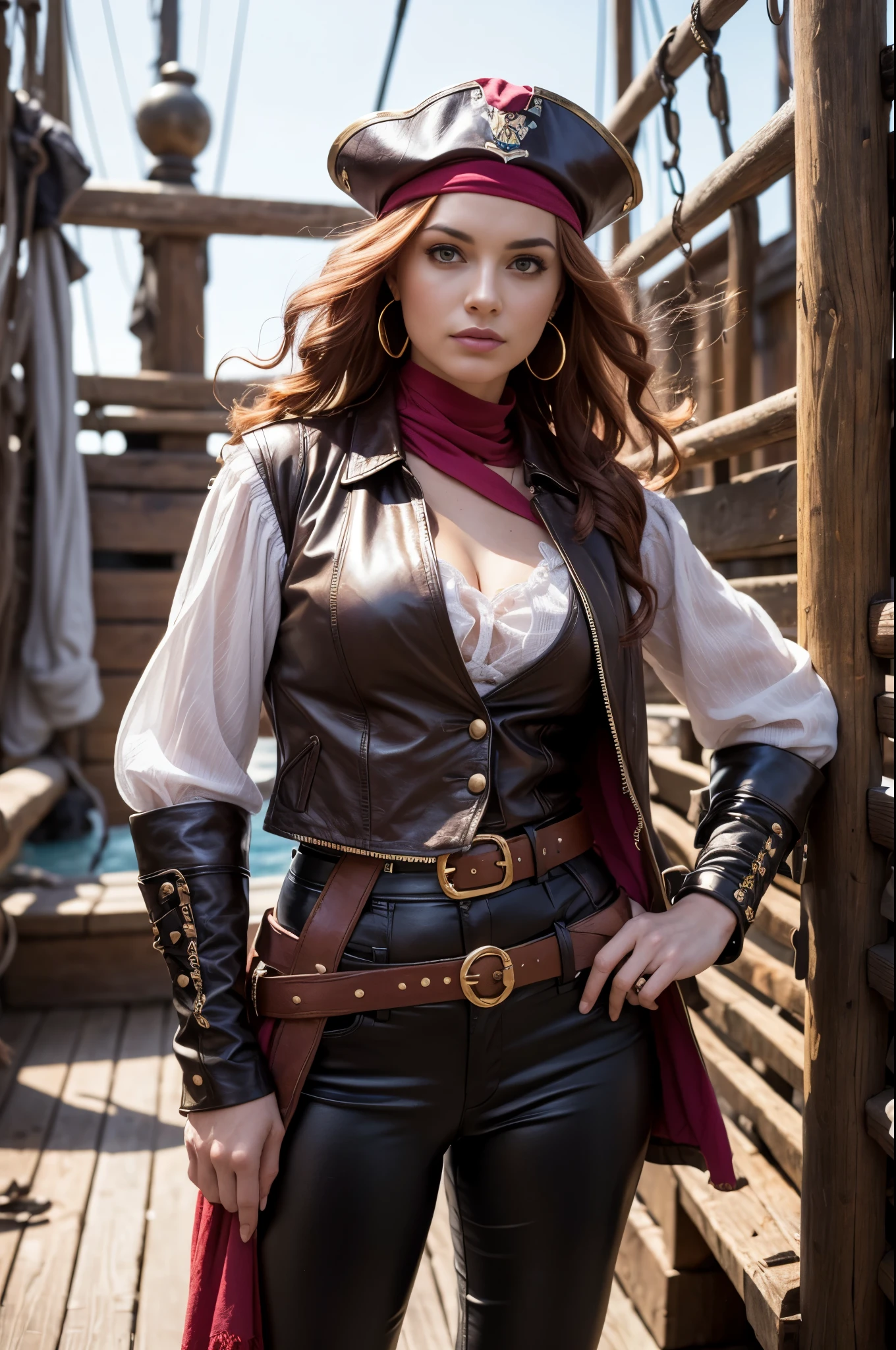 Female 17th century pirate, pirate captain, mid 30s woman, smirking, wavy shoulder length vivid red hair, red bandanna, large gold hoop earrings, puffy long sleeved white shirt, brown leather vest, belt, large square belt buckle, long brown pantaloons, worn leather boots, period dress, dirty clothes, holding a cutlass, dramatic pose, on deck aboard a pirate ship, caribbean island, painterly illustration, best quality, 8k, masterpiece, bright vivid colours, colourful