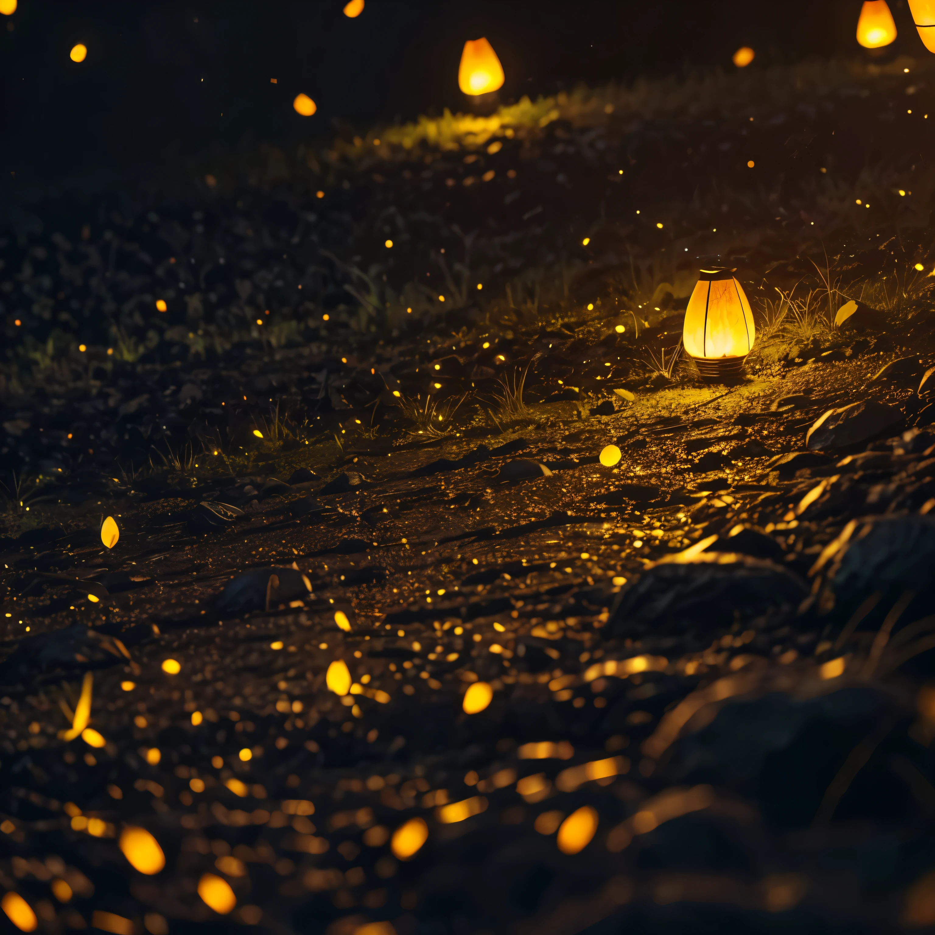 Close-up photo of glowing fireflies