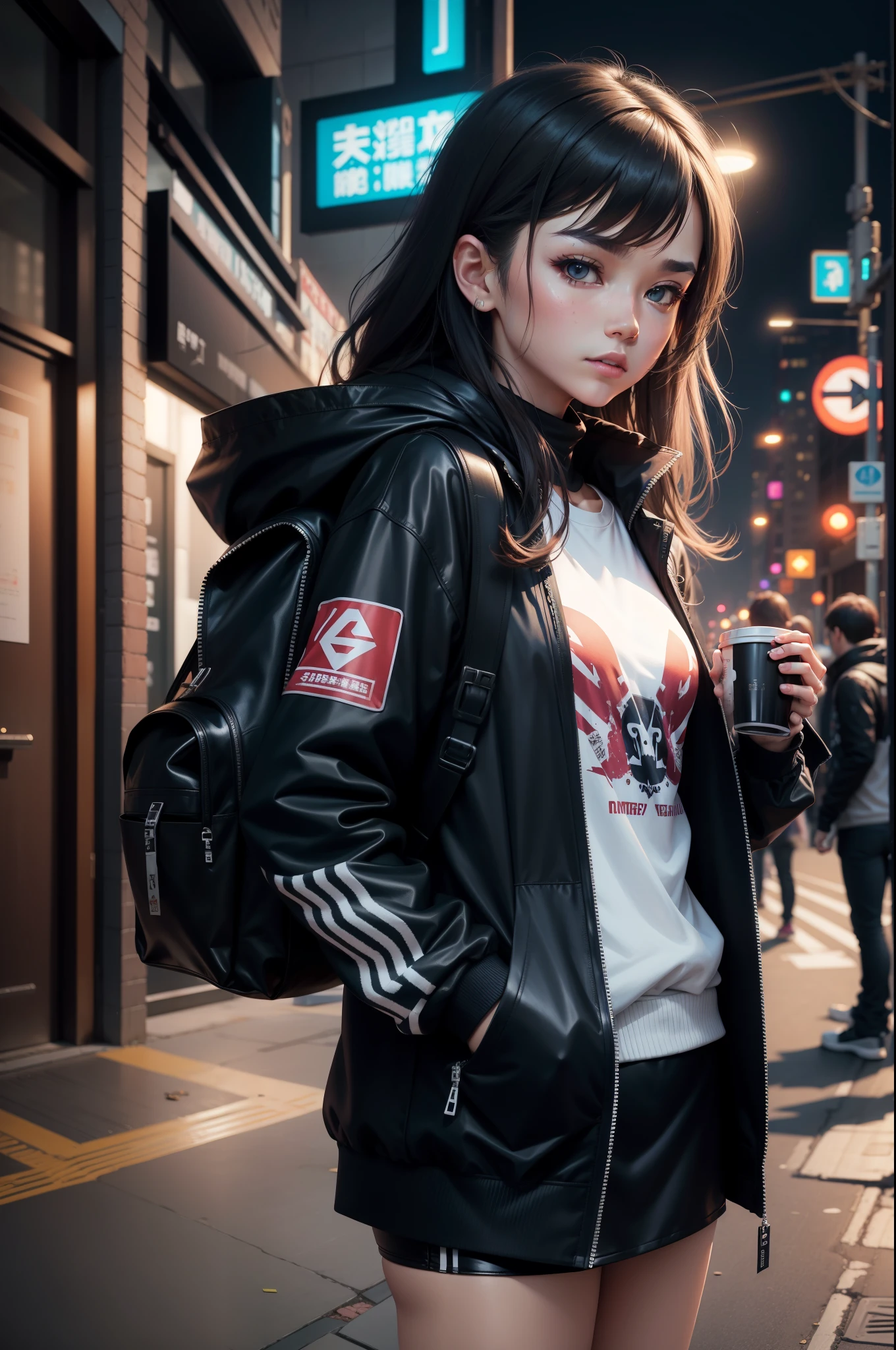 1 rapariga，jaket，Sateen，luring，hoody，Superskirt，开放式jaket，backpacks，messy  hair，Trends on Artstation，8K分辨率，The content is very detailed，Anatomically correct，Sharp Images，digitial painting，concept-art，Trends on pixiv，tmasterpiece, Best quality at best, In the cyberpunk city，