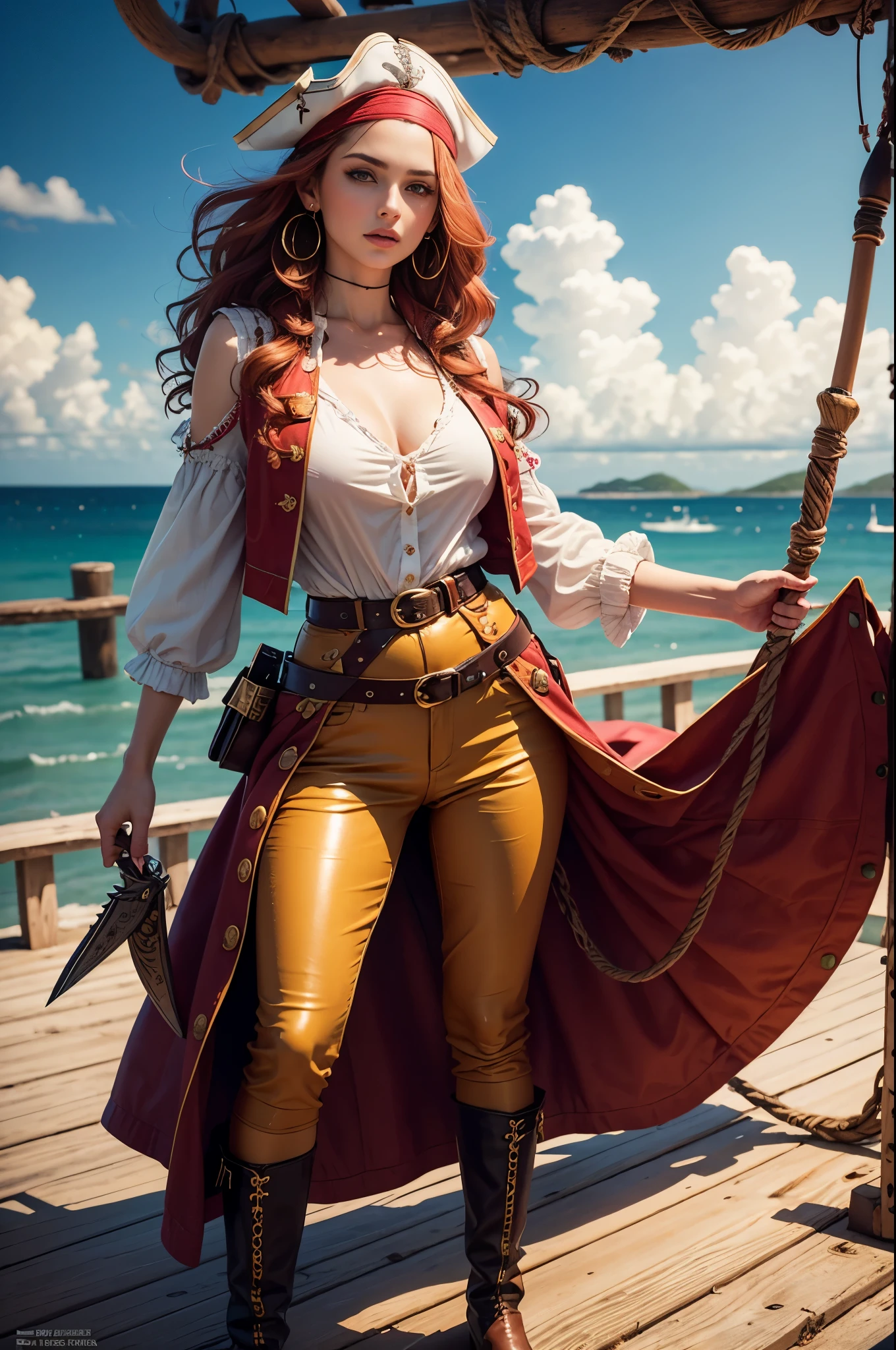 Female 17th century pirate, pirate captain, mid 30s woman, smirking, wavy shoulder length vivid red hair, red bandanna, large gold hoop earrings, puffy long sleeved white shirt, brown leather vest, belt, large square belt buckle, long brown pantaloons, worn leather boots, period dress, dirty clothes, holding a cutlass, dramatic pose, on deck aboard a pirate ship, caribbean island, painterly illustration, best quality, 8k, masterpiece, bright vivid colours, colourful