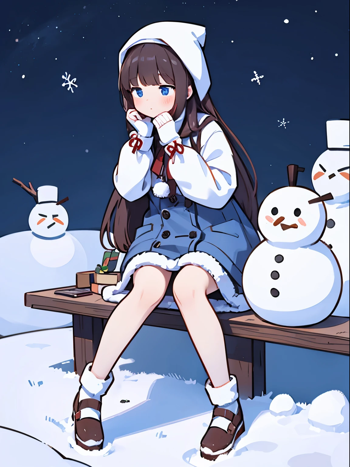 beautiful snowman girl、sticking out the face from the snowman、she's turning into a snowman、protruding legs、