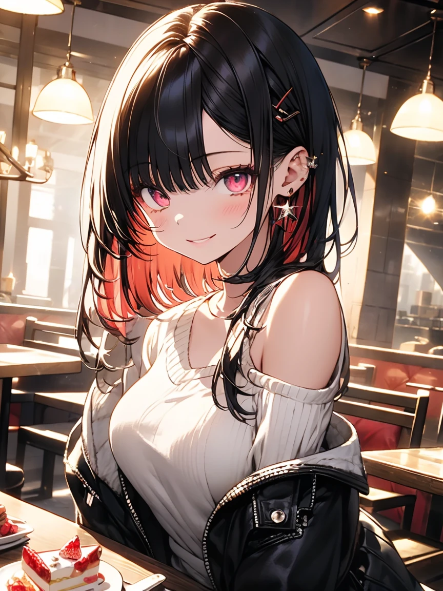 masterpiece, absurdres, best quality, ultra detailed, high Resolution, detailed illustration, extremely beautiful detailed face and eyes, bright colour, 1girl, (loli), cute face, Delicate beautiful face, magenta eyes, cute eyes, sparkling eyes, big eyes, medium breasts, (perky breasts:1.1), (pointy breasts:1.1), medium hips, glamorous body, white skin, smile, BREAK, long bob cut, (blonde hair:0.8), messy hair, detailed hair, shiny hair, BREAK off shoulder sweater, long skirt, tiny ribbon, restaurant, eating shortcake, real world, natural lights, perfect lighting,