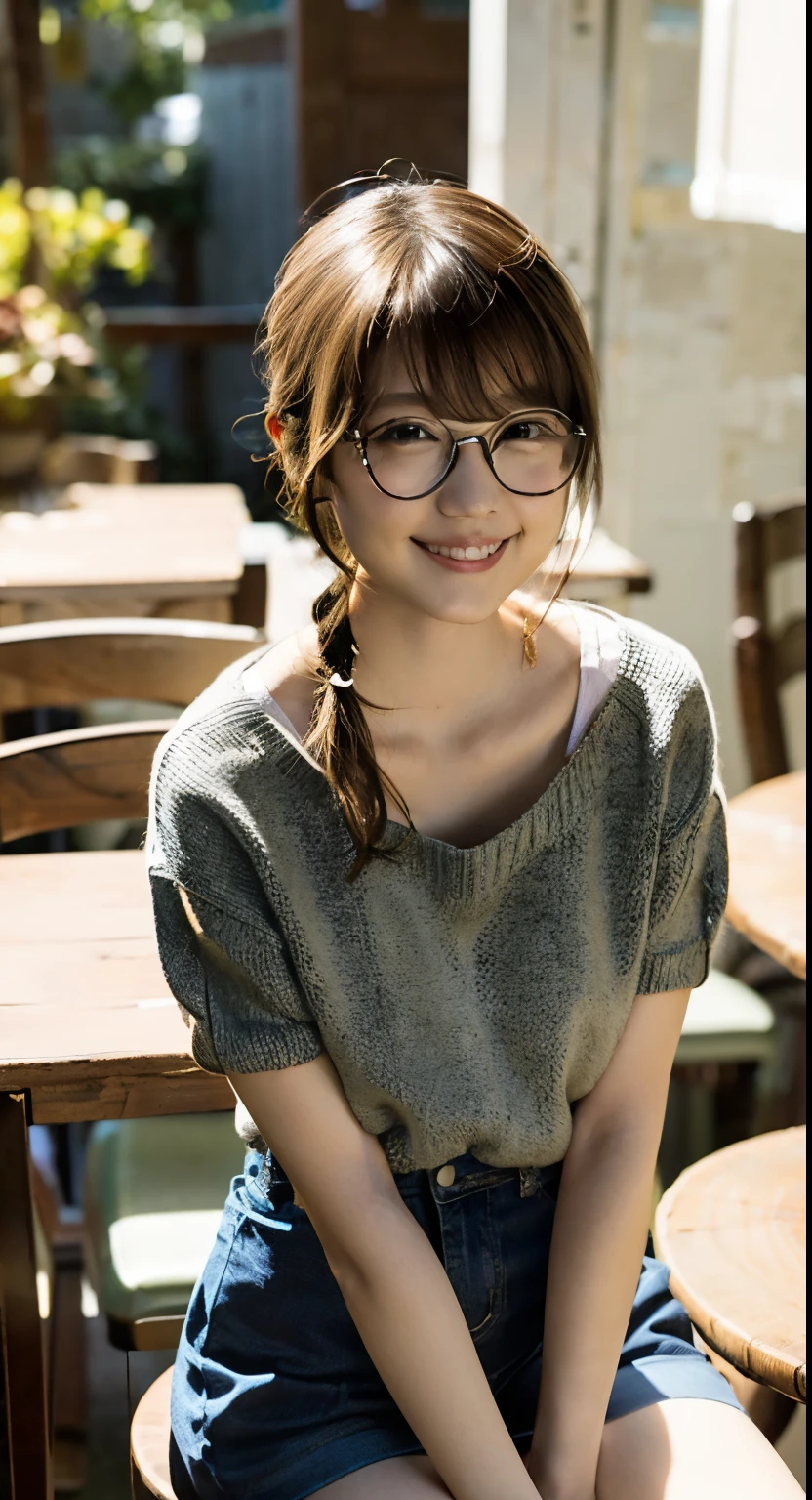 (8K、Raw photography、top-quality、​masterpiece:1.2)、(realisitic、Photorealsitic:1.37)、ultra-detailliert、Round glasses、Braided pigtails、超A high resolution、女の子1人、see the beholder、beautifull detailed face、A smile、Round glasses、Braided pigtails、Constriction、(Slim waist) :1.3)、Beautiful detailed skin、Skin Texture、Straight hair、Professional Lighting、Whole human body、Short hair、a blond、hi-school girl、School Grounds、small chest hair、Happy smile、perspiring、(White panties:1.1)、(Sitting table:1.2)、(Facing the front)、(Round glasses:1.2)、(Low ponytail:1.1)、(Striped Knit Shirt:1.1)