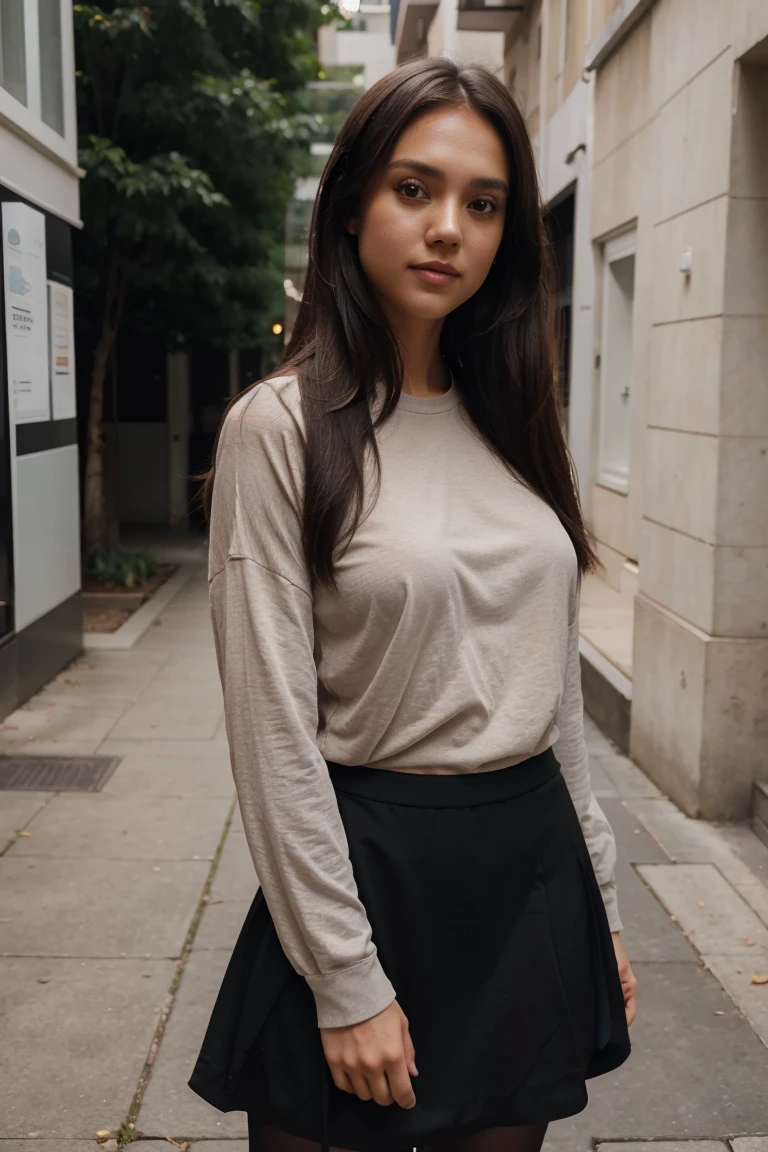 1girl, Solo, One woman of about 25 years old,face similar to Jessica Alba, black long hair, Close-up portrait, Hazel eyes,shirt with long sleeves, black skirt, black pantyhose, standing outside, street photography, mature woman, body measurement 36-25-35, RAW Photography, 8k, , Masterpiece, Full Body Shooting, Top Quality, Fine Pore, Realistic, Photorealistic, Ultra Detailed