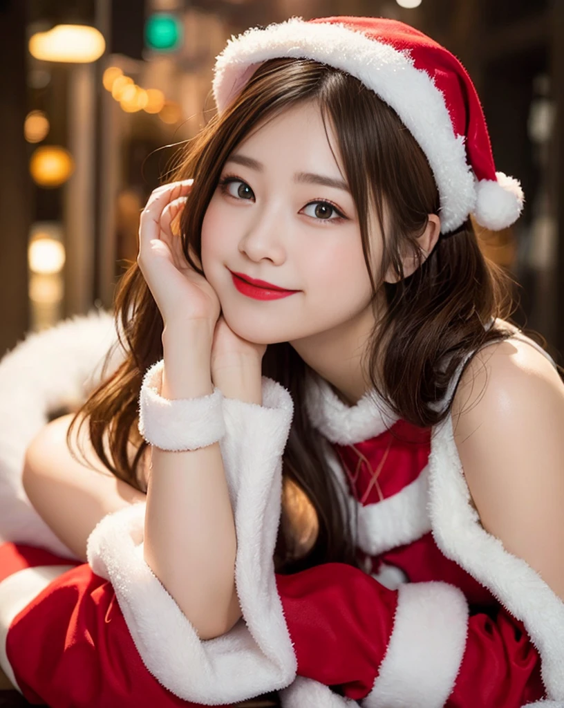 Santa Cos、masutepiece, tongue-out、Bello dashi、Best Quality, Naughty smile、randome pose、Bruises、Illustration, Ultra-detailed, finely detail, hight resolution, 8K Wallpaper, Perfect dynamic composition, Beautiful detailed eyes, knit,Medium Hair,Natural Color Lip、Bold sexy poses,Smile,Harajuku、20 years girl、Cute、Sexy shot looking at camera、C Cup、Brown hair