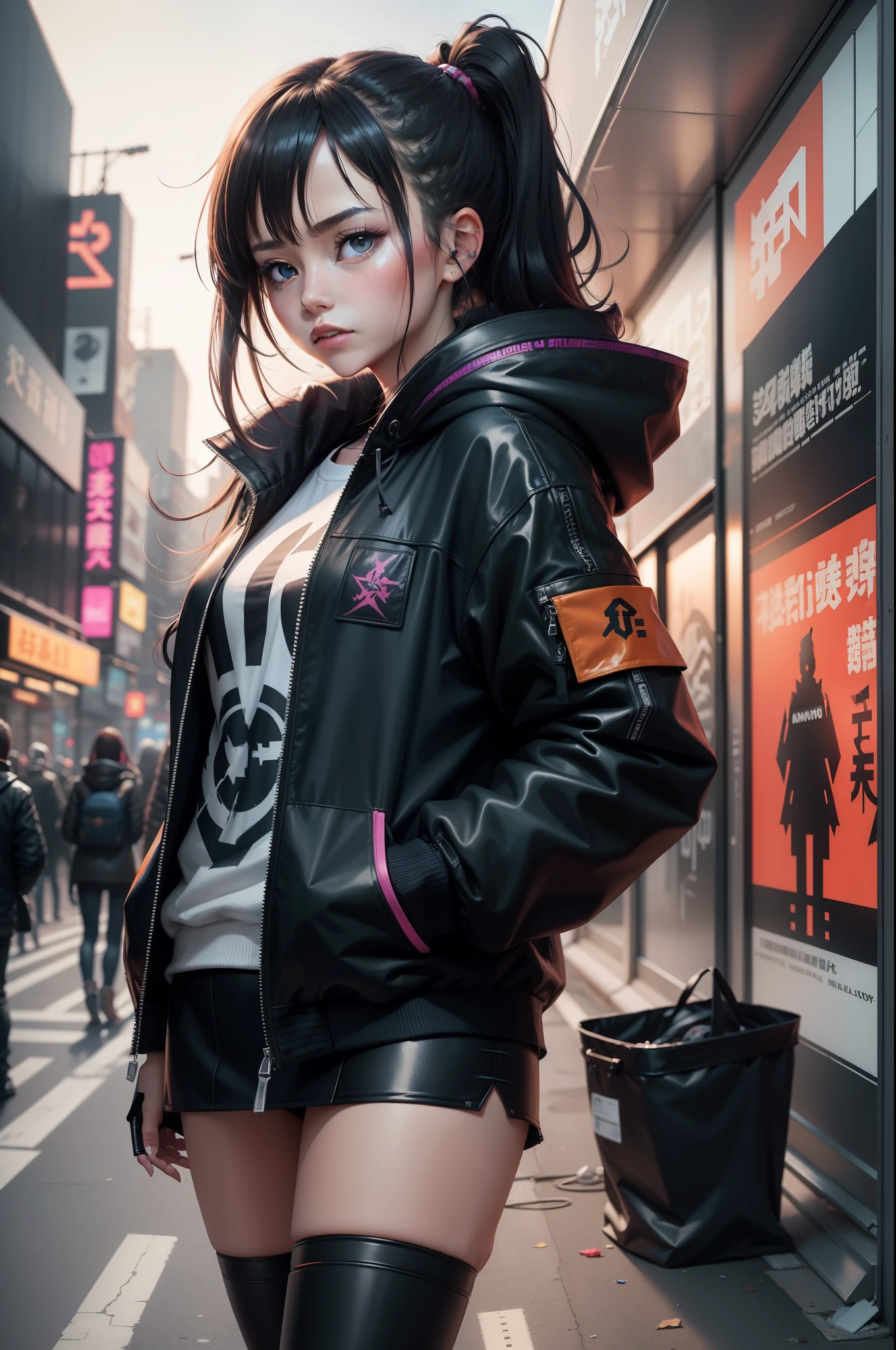 1 girl，jaket，dark cloude，Sateen，luring，hoody，Superskirt，开放式jaket，backpacks，messy  hair，Trends on Artstation，8K分辨率，The content is very detailed，Anatomically correct，Sharp Images，digitial painting，concept-art，Trends on pixiv，tmasterpiece, Best quality at best, In the cyberpunk city，stop，