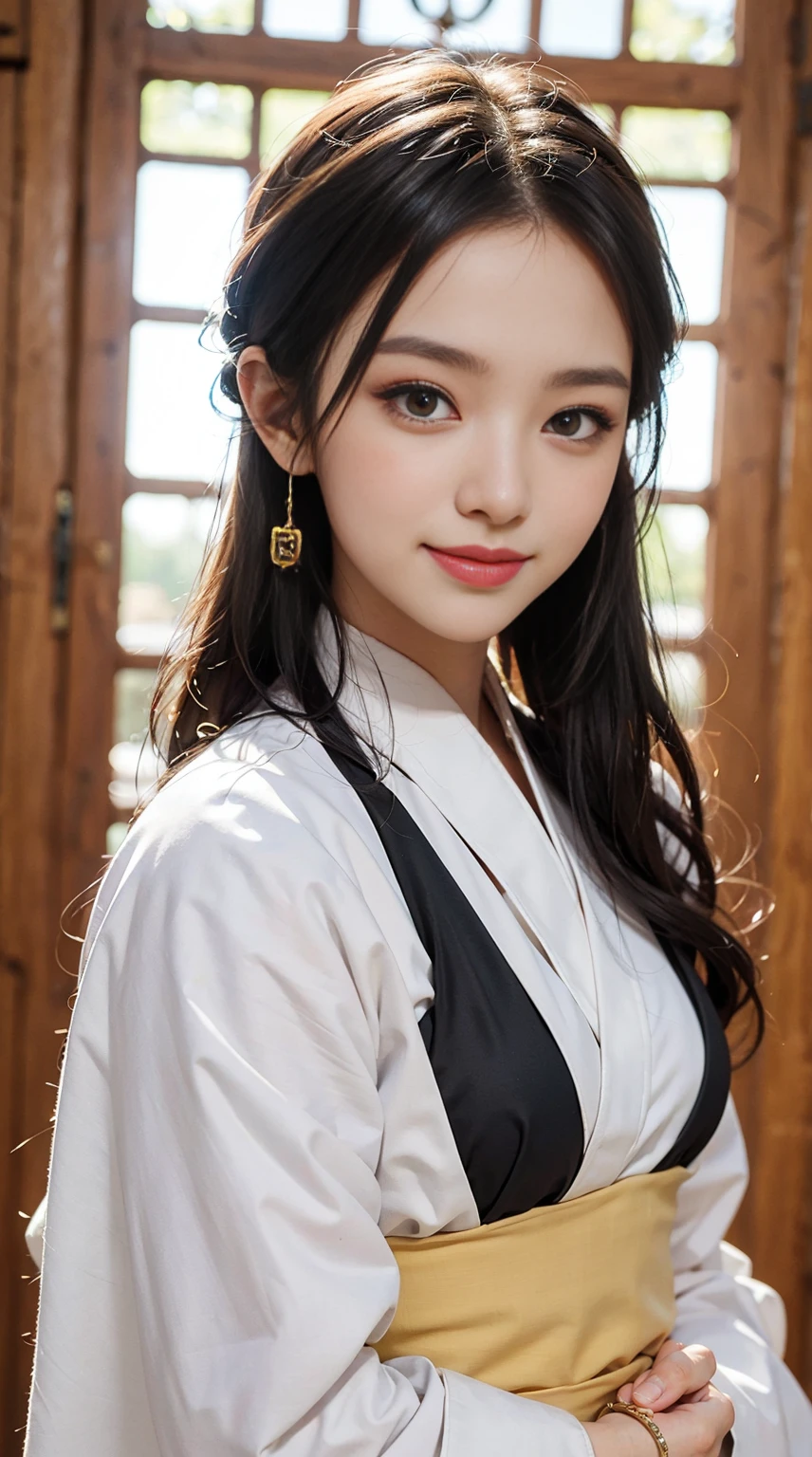 Smiling face，Gorgeous Hanfu，（（best qualtiy，8k，tmasterpiece：1.3））），Clear focus：1.2，（layer cut，The large：1.2），Beautiful Women in Perfect Figure：1.4，，Highly Detailed Face and Skin Textur，Detailed eyes，二重まぶた，long whitr hair