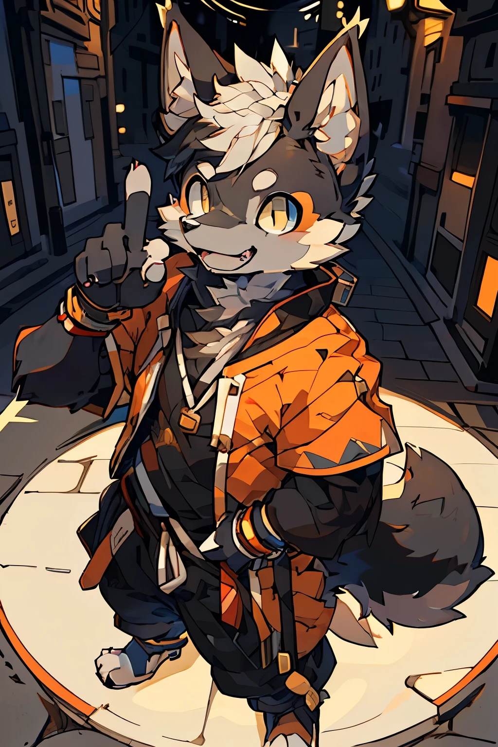 solo, male, wolf, (komono,furry, anthro), top-quality,best qualityer,rzminjourney,vectorial art, , niji, round form,Bust,the street,(Boy black humanoid dog:1.2), Smiling warmly,Flashing friendly peace signs,Super detailed illustration,solo person,Dark night,Dark streets