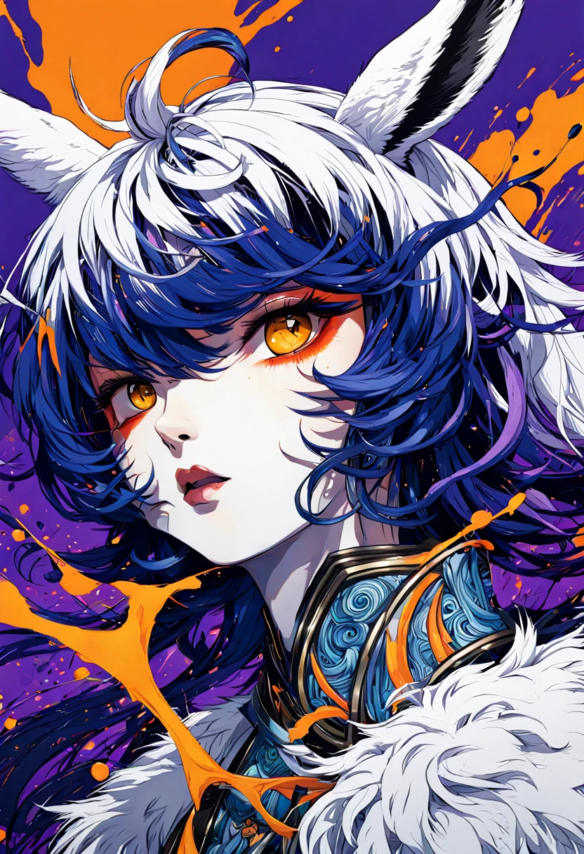 dark blue with purple shades, splatter of yellow and orange, spitting white llama, solo portrait, masterpiece, best quality, vivid colors, 35mm film, 8k uhd, hdr, Mab Graves vs Dan Mumford, realistic, Jack Hughes, intricately detailed eyes, splashy splash, detailed hair, intricate details in hair, Hajime no Ippo, Miho Hirano, Ryan Hewett, extremely detailed