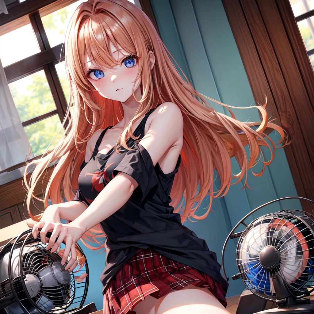 red blonde、blue eyess、one good looking girl、独奏、animesque、Plaid miniskirt、Black T-shirt、camisole、the woods、Sunlight、inside in room、Gah、Frolicking、electric fan、Hugging