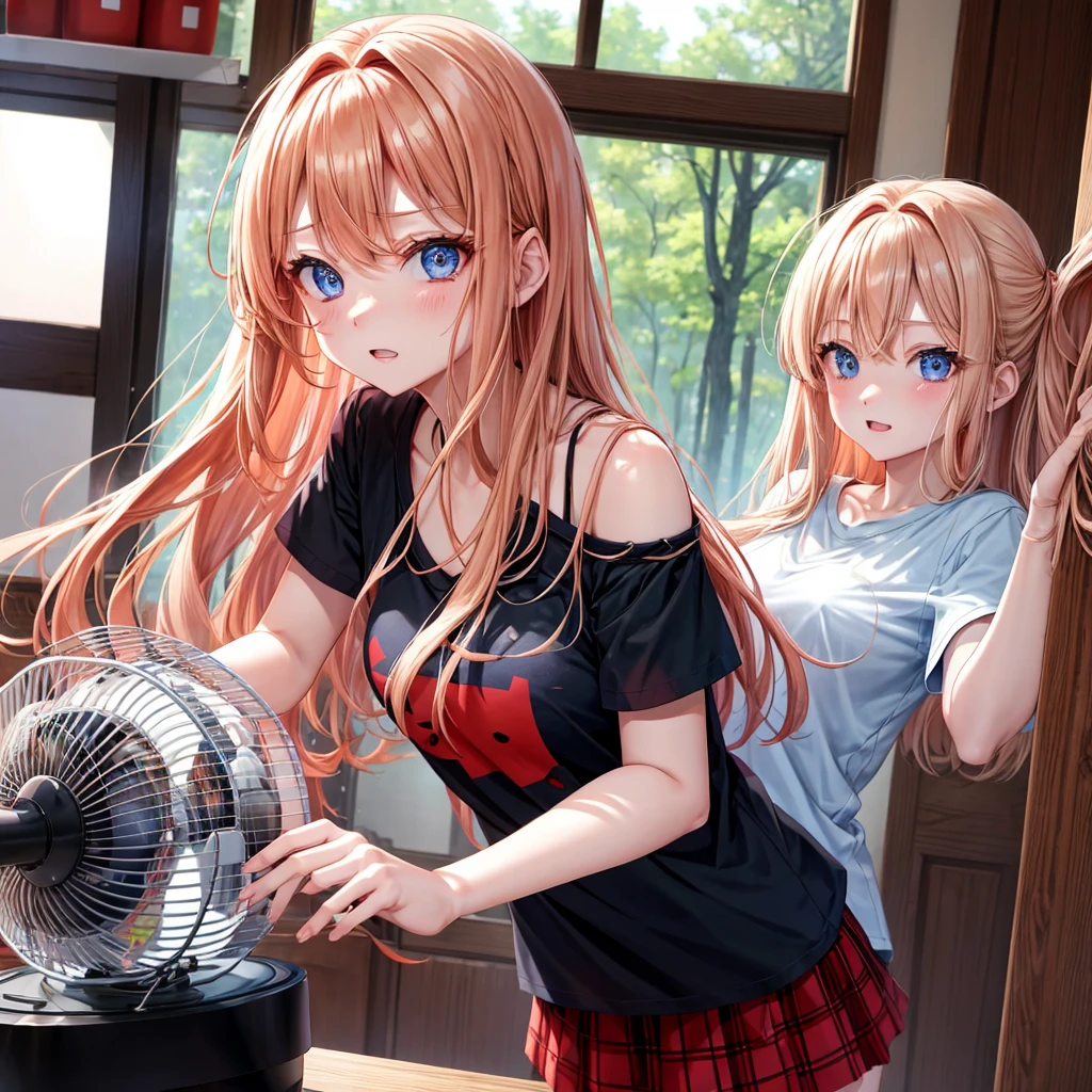 red blonde、blue eyess、one good looking girl、独奏、animesque、Plaid miniskirt、Black T-shirt、camisole、the woods、Sunlight、inside in room、Gah、Frolicking、electric fan、Hugging