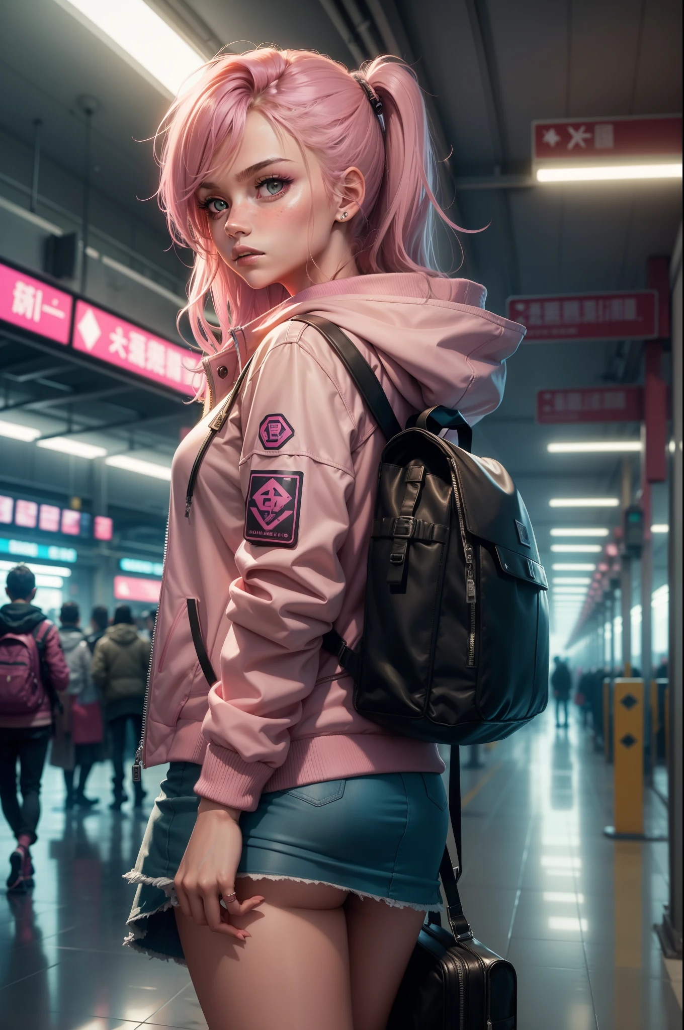 (masterpiece), (best quality), (high res), ((((Solo)))), (perfect anatomy), (young girl (), fair skin, pink hair (shoulder length), green eyes, (school uniform), white shirt, red tie, black jacket, short black mini skirt, tired, (((flat chest))), in a futuristic setting with a green light, annoyed, cyberpunk, (drinking water), best anime 4k, cybersuits, in her school, (at night), (night), ((((alone))))