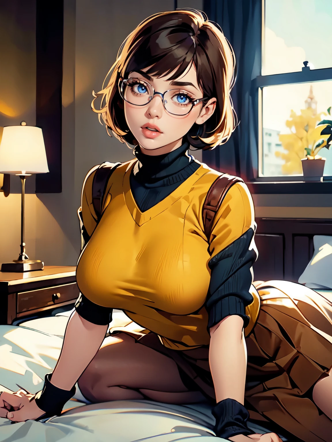 HD, 8k quality, masterpiece, Velma, dream girl huge tits, beautiful face, kissing lips, short bob hairstyle, long bangs, perfect makeup, realistic face, detailed eyes, blue eyes, brunette hair, eyelashes, slightly open mouth, bedroom, lying on bed, hip body, showing cameltoe, eyes at viewer, mustard-yellow top, knitted turtle neck sweater, clear lens glasses, red skirt, school girl skirt,