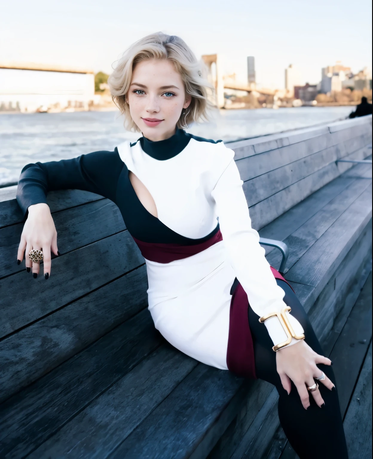 A realistic photo of a woman with yellow hair styled in a bun, wearing a dark blue long-sleeved top with a red scarf around her neck, light blue leggings, and brown boots. She is sitting with her legs crossed, hands resting on her knee, and smiling slightly. The background is simple and clean. The image should be in a 16:9 aspect ratio.