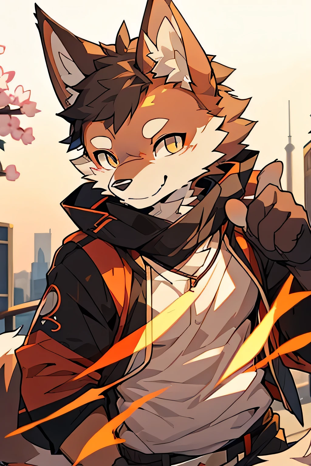 solo, male, wolf, (komono,furry, anthro), city, parkour, cherry blossom, dynamic lighting, sunset, glow, depth of field, top-quality,best qualityer,rzminjourney,vectorial art, , niji, round form,Bust, (humanoid wolf:1.2), Smiling warmly,Flashing friendly peace signs, detailed illustration