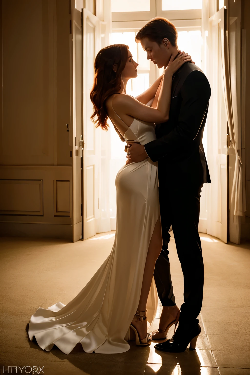 /((Ultra Long Exposure Photography)) high quality, highly detailed, young red head woman with light eyes, at a party, heals, evening dress, seductive attire, Onlyfan pose, long legs, high heels, woman figure silhouette, having sex with a man, man holding her