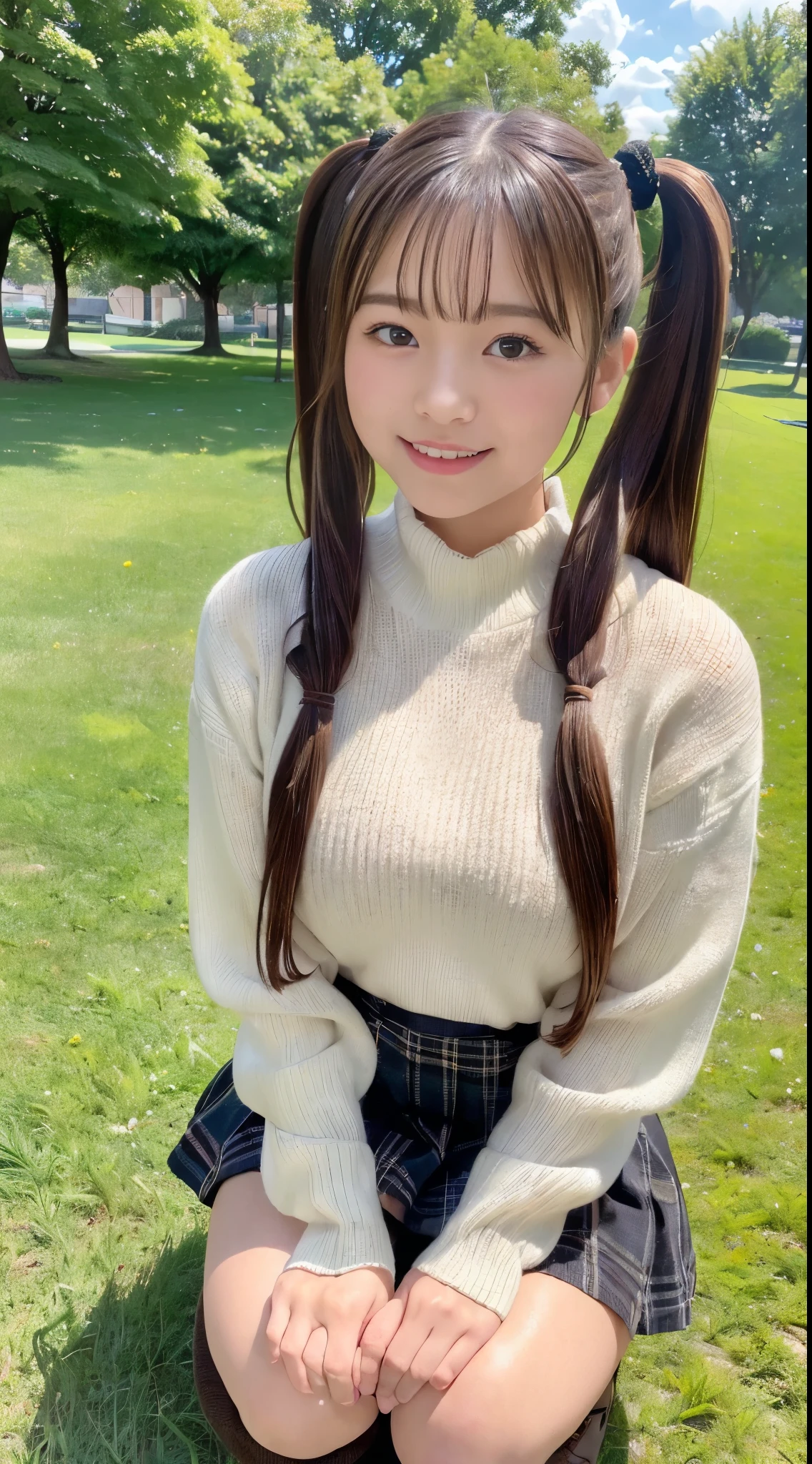 (High quality, High resolution, Ultra-detailed, Realistic:1.37), 、peaceful ambiance, (plein air, a park)、 ((large twin tails、scrunchie))、18 year old high school girl standing alone、small tits, Beautiful detailed features, Cute smile, (A dark-haired), (Sweaters), (Plaid mini skirt), (Black tights), (Brown boots)、(crouch down)