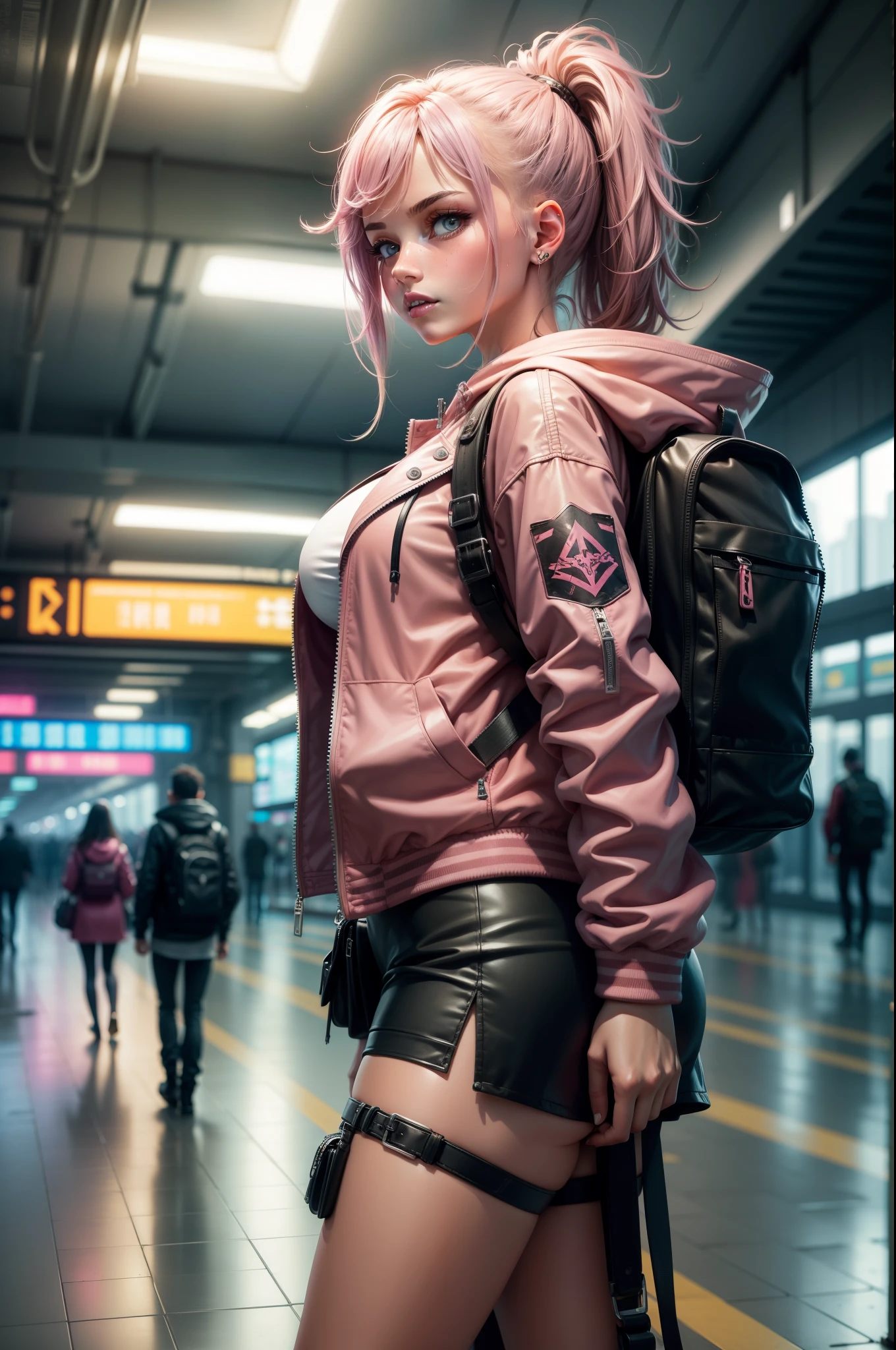 1 girl，pink jacket，dark cloude，Sateen，luring，hoody，Superskirt，Open jacket，backpacks，messy  hair，Trends on Artstation，8K分辨率，The content is very detailed，Anatomically correct，Sharp Images，digitial painting，concept-art，Trends on pixiv，tmasterpiece, Best quality at best, In the cyberpunk city，railway station，