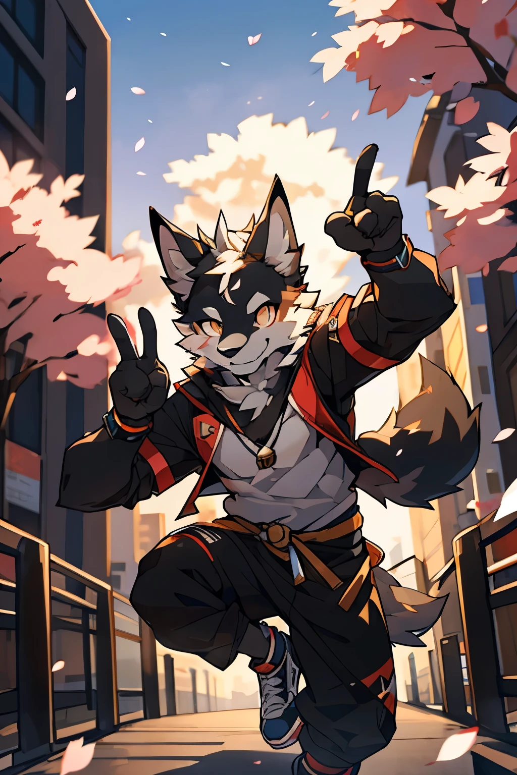 solo, male, balck wolf, (komono，furry, anthro), city, parkour, cherry blossom, dynamic lighting, twilight, glow, depth of field, top-quality，best qualityer，rzminjourney，vectorial art, , niji, round form，Bust， (humanoid wolf:1.2), Smiling warmly，Flashing friendly peace signs, detailed illustration